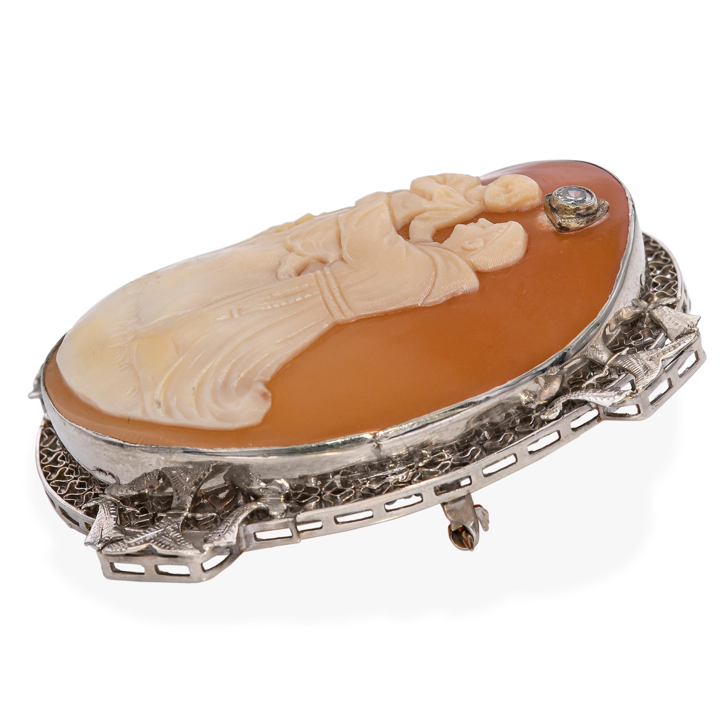 Antique 12k White Gold Shell Cameo with Diamond Accent Brooch