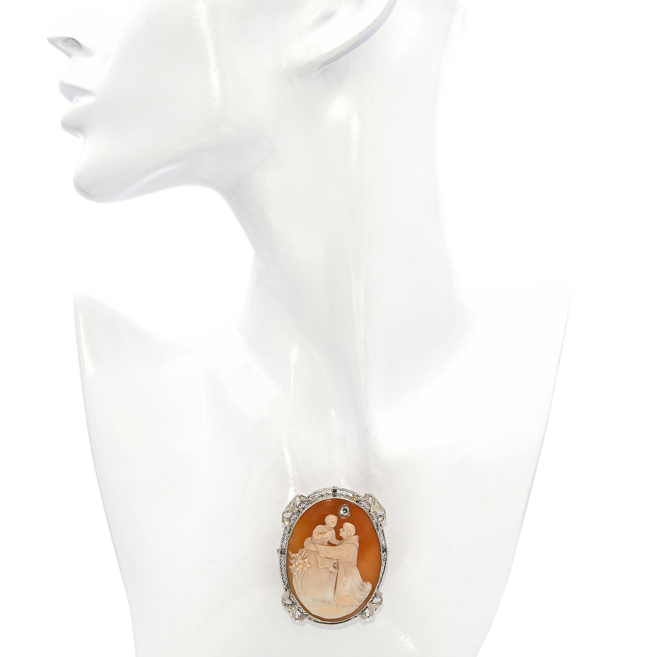Antique 12k White Gold Shell Cameo with Diamond Accent Brooch