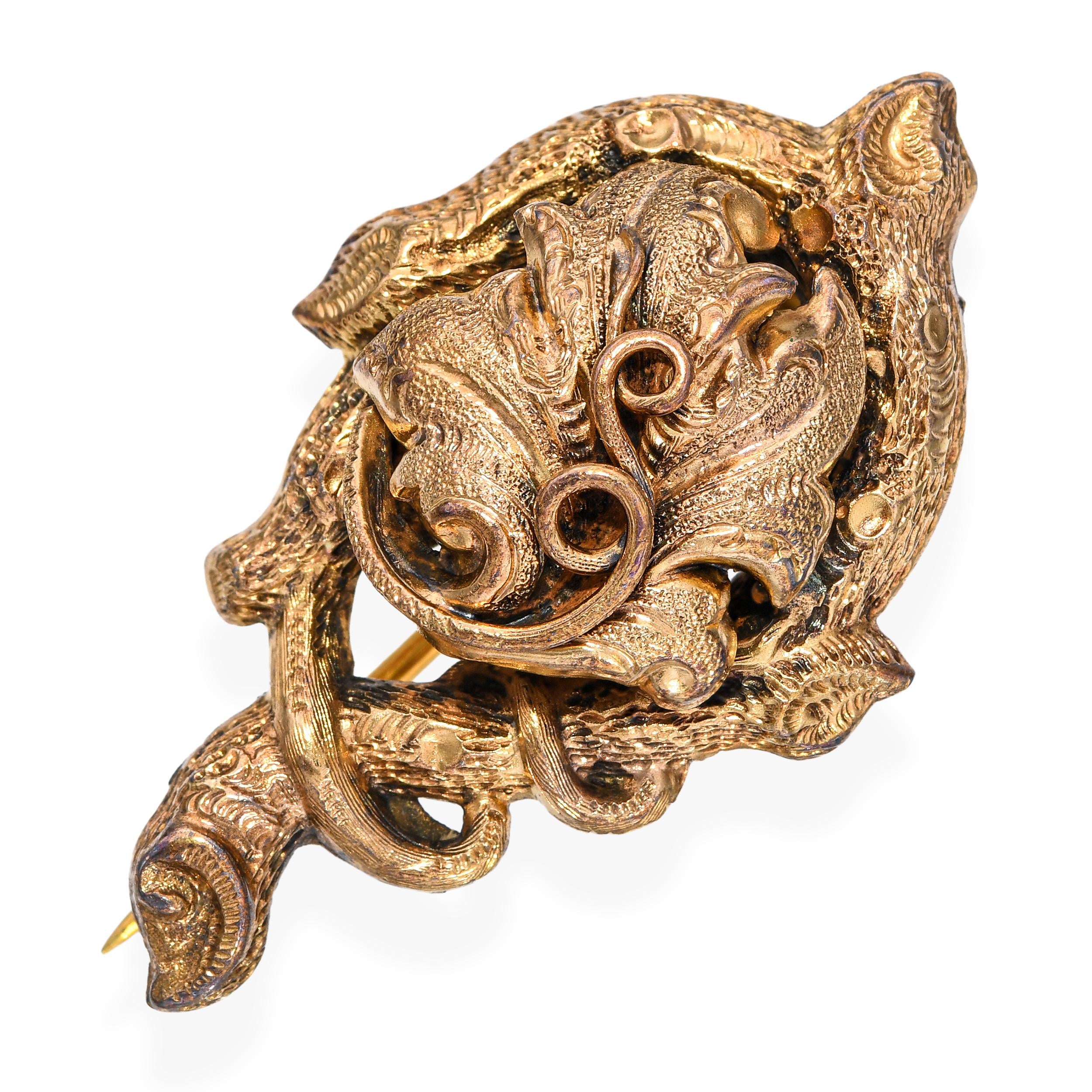 Antique Georgian Yellow Gold Tree Vine and Leaf Motif Pin Brooch with Box