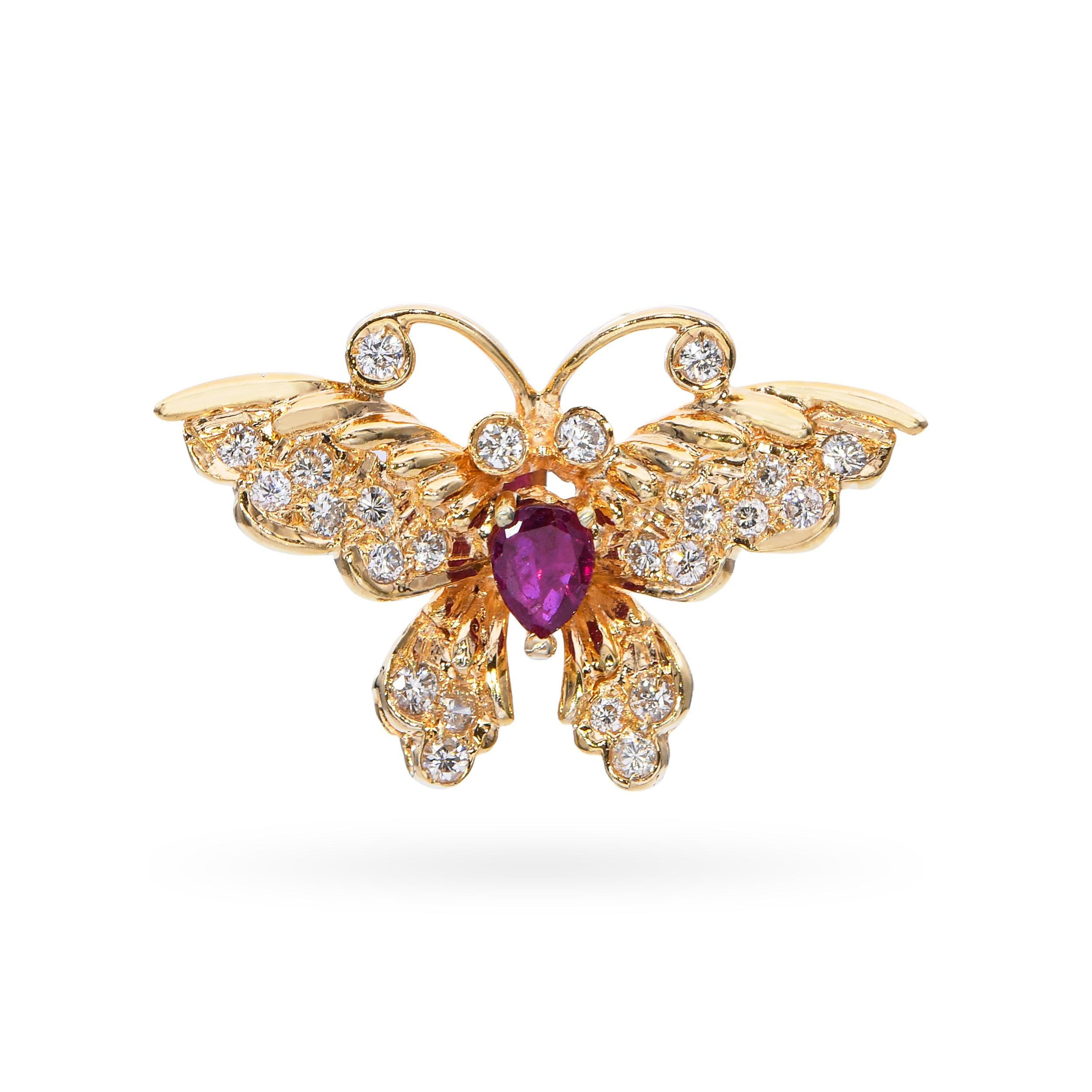 Vintage 14k Yellow Gold Ruby and Diamond Butterfly Pendant