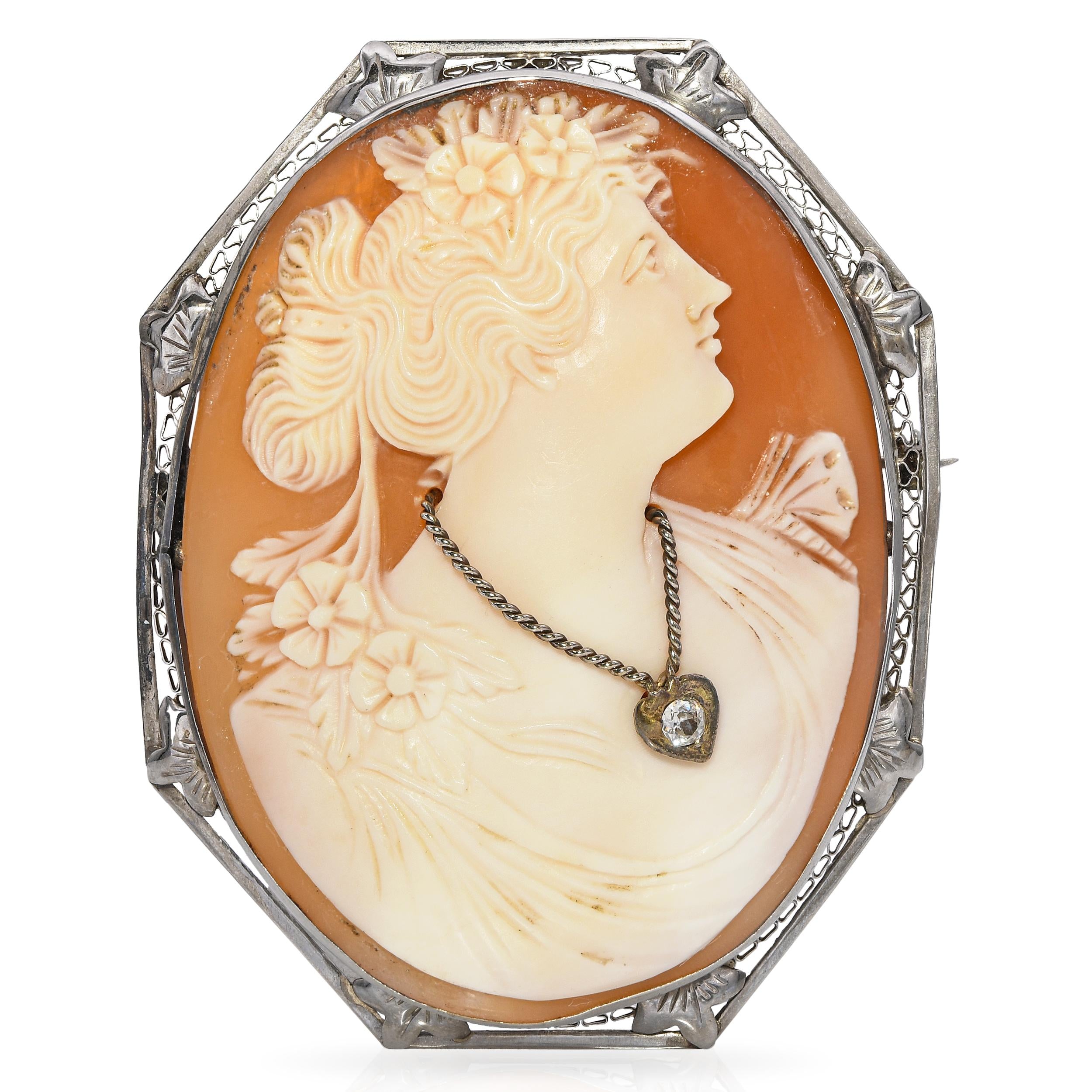 Antique 12k White Gold Lady with Diamond Necklace Shell Cameo Brooch