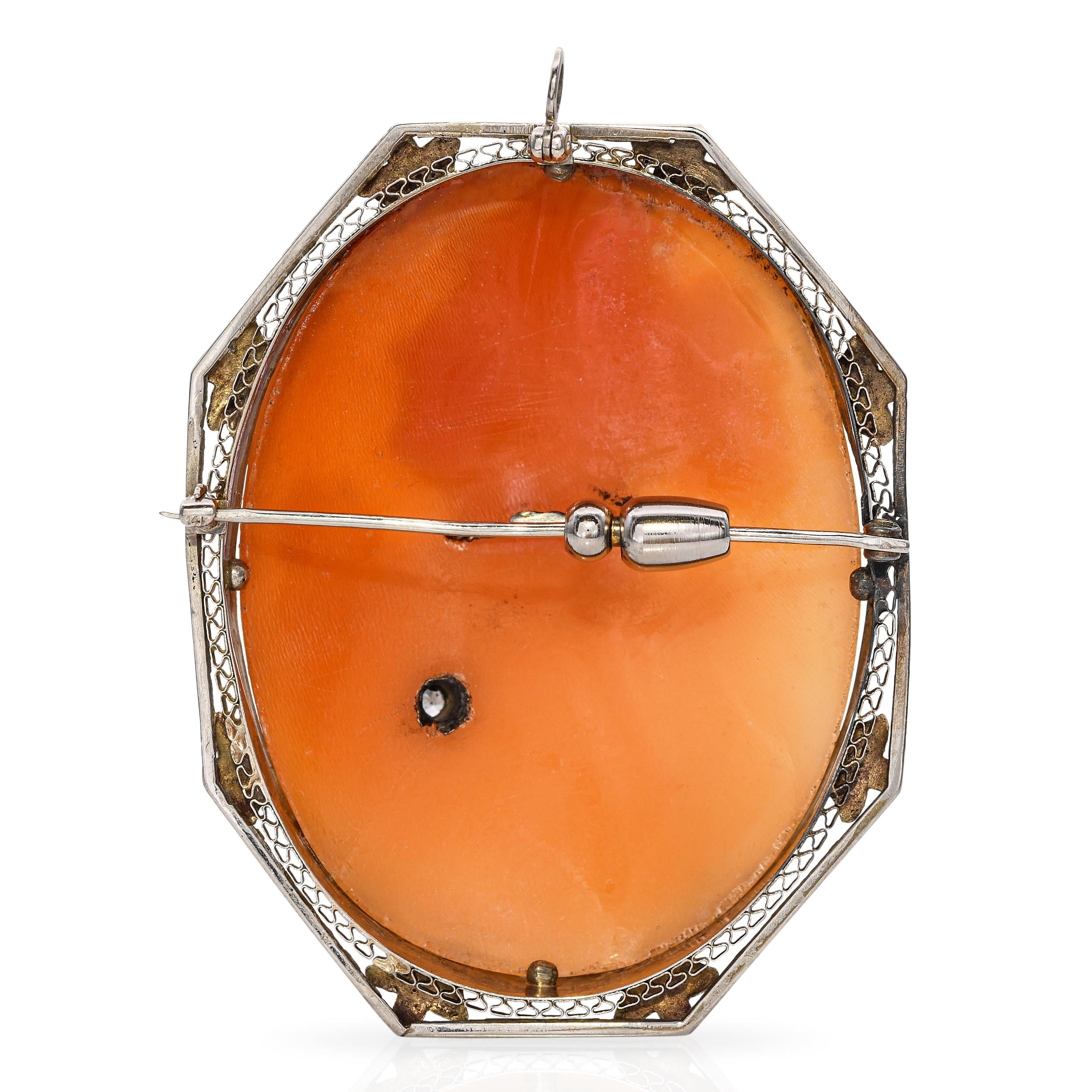 Antique 12k White Gold Lady with Diamond Necklace Shell Cameo Brooch