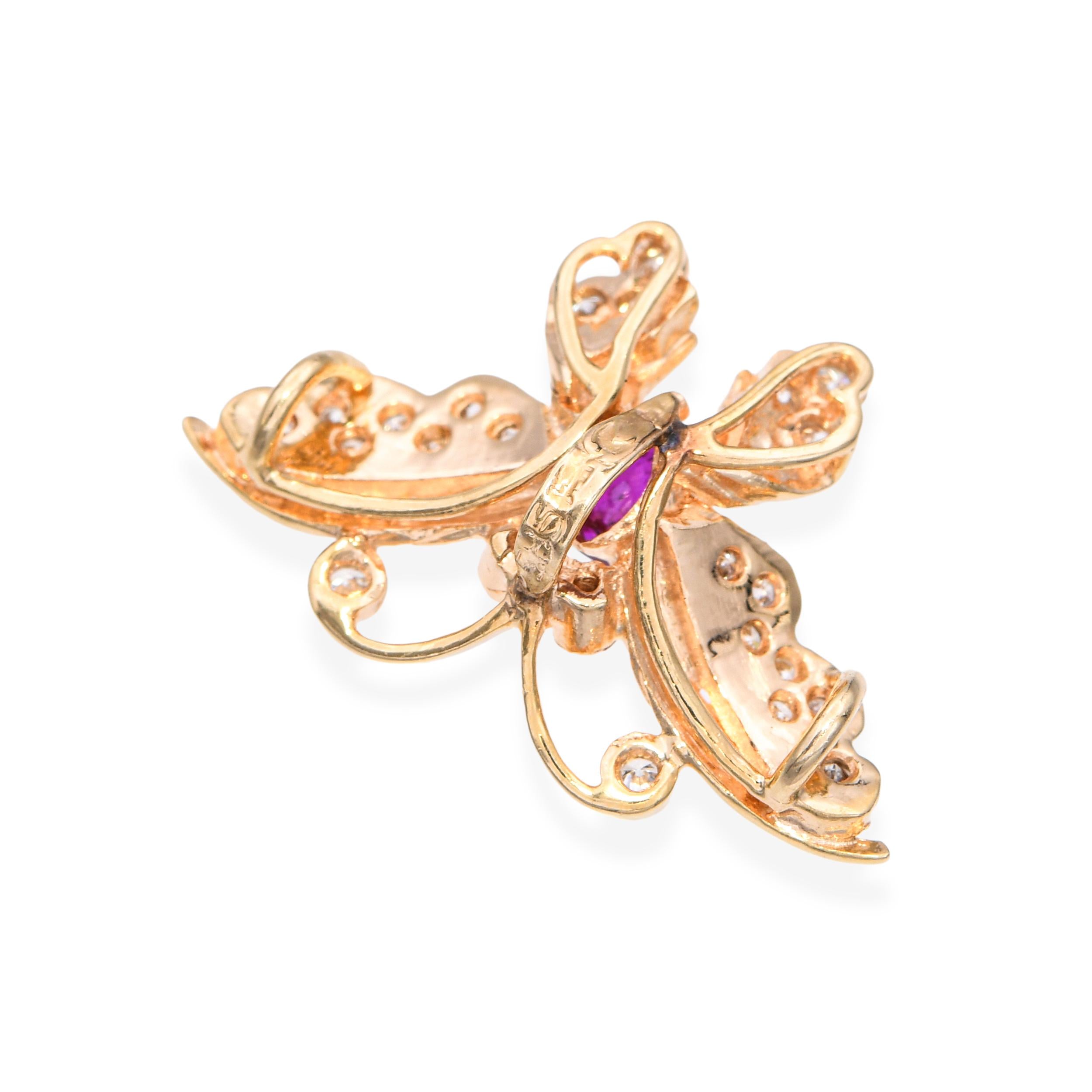 Vintage 14k Yellow Gold Ruby and Diamond Butterfly Pendant