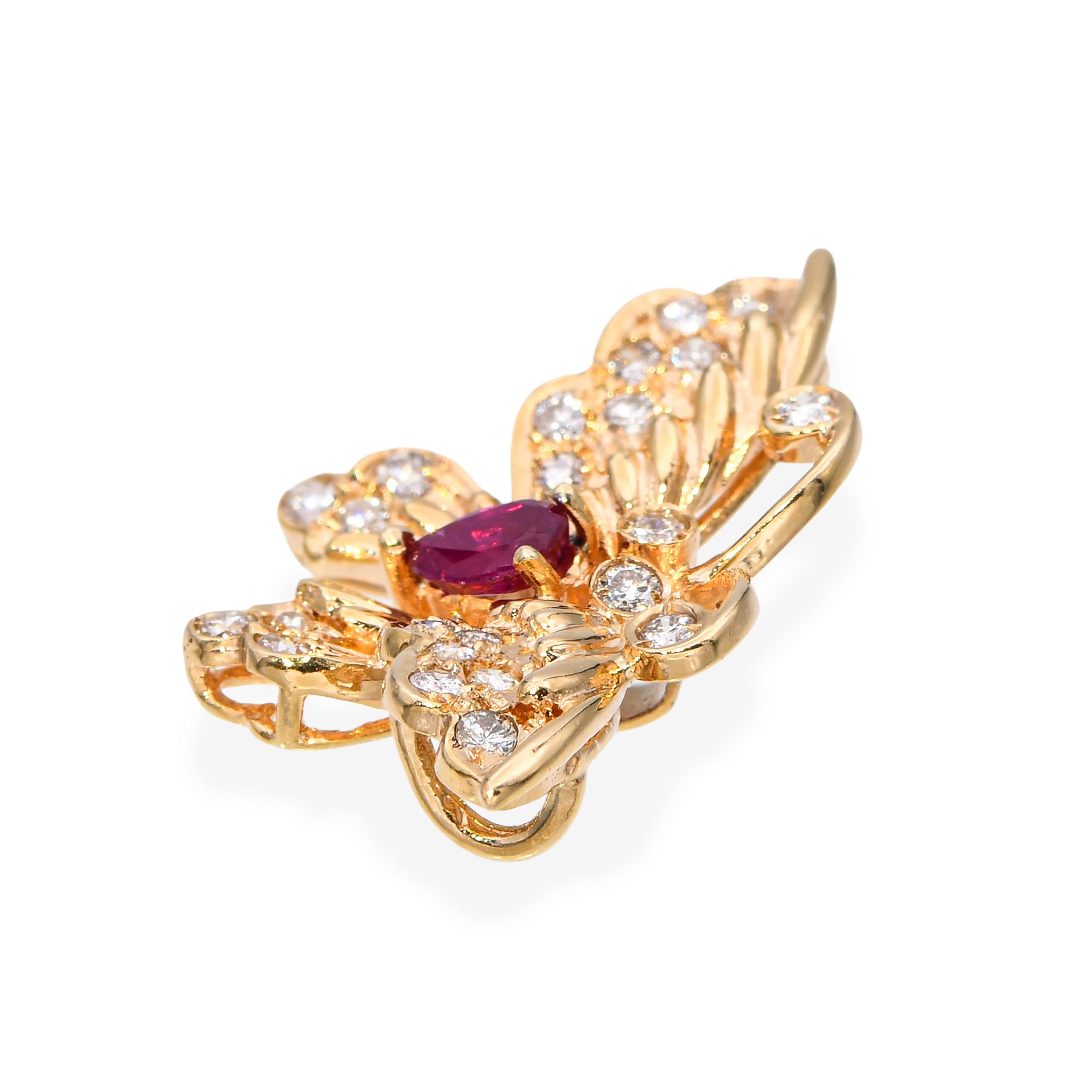 Vintage 14k Yellow Gold Ruby and Diamond Butterfly Pendant