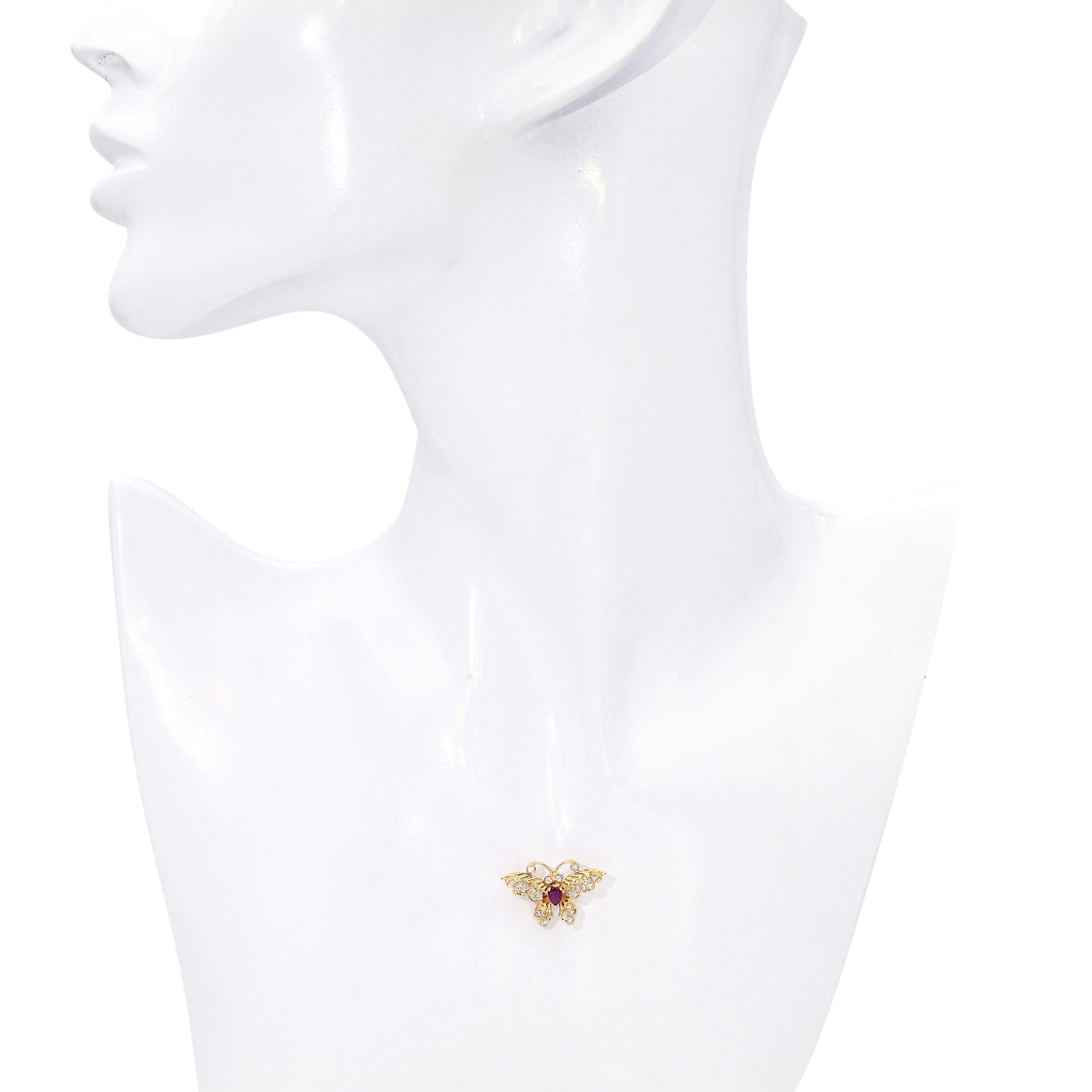 Vintage 14k Yellow Gold Ruby and Diamond Butterfly Pendant