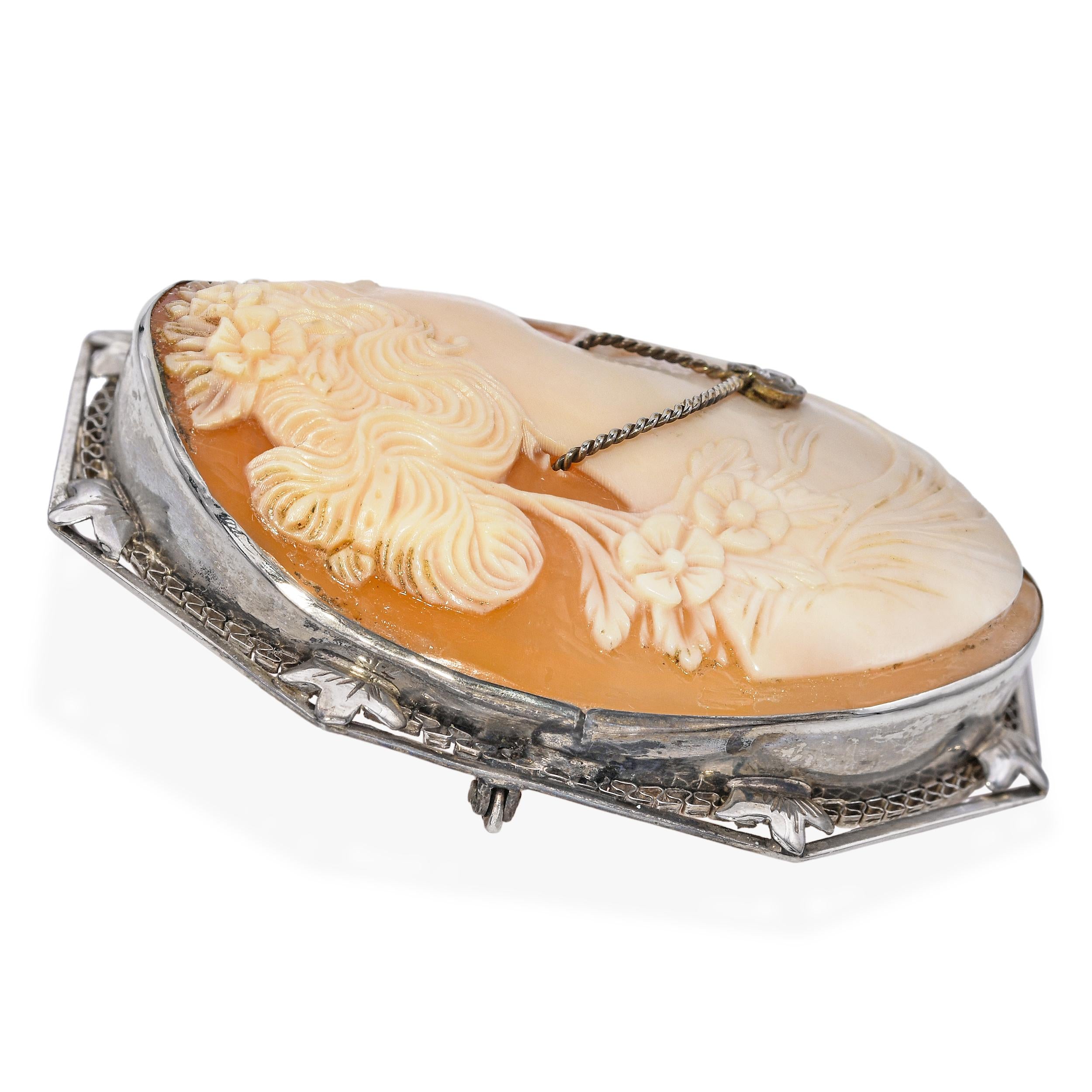 Antique 12k White Gold Lady with Diamond Necklace Shell Cameo Brooch