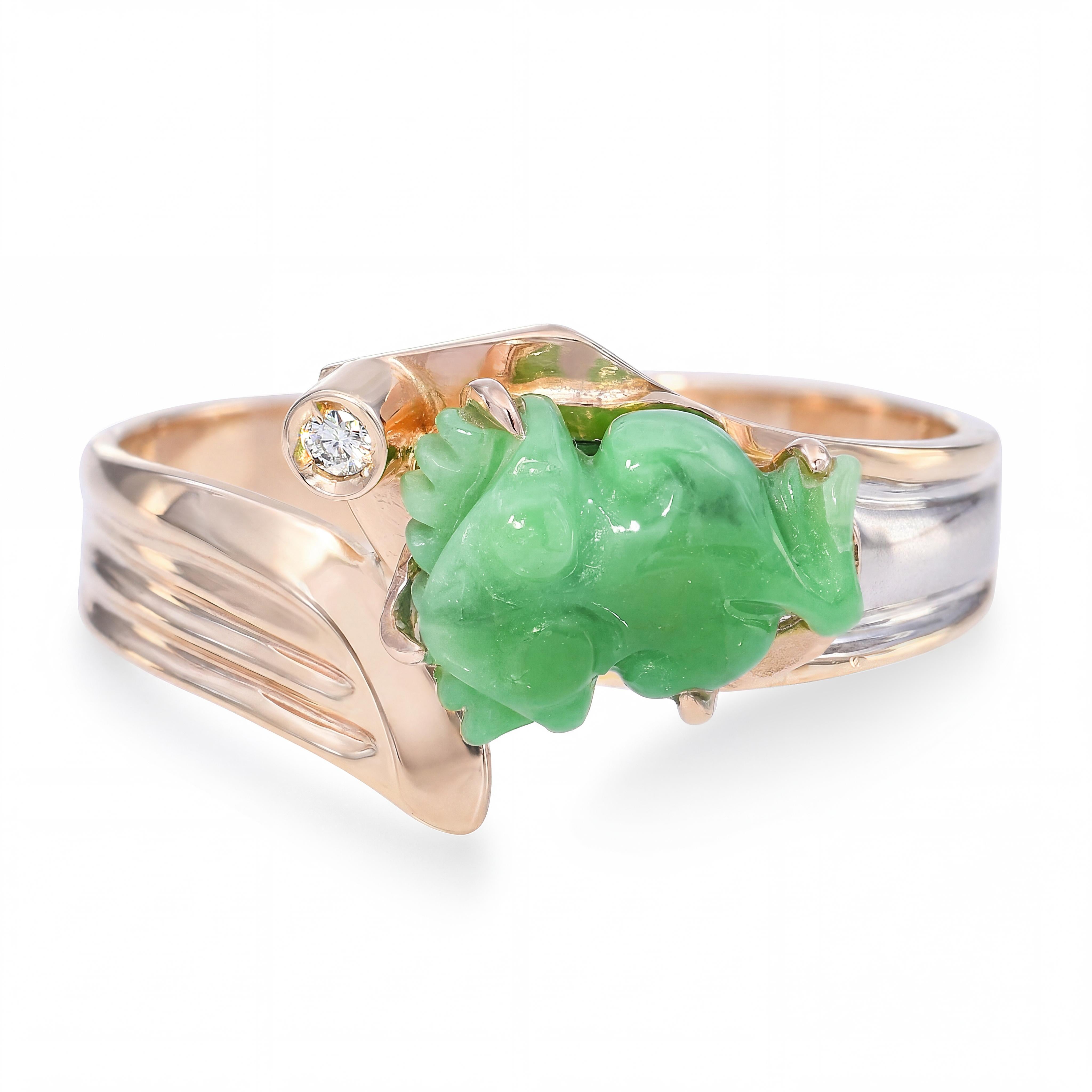 Vintage 18k Yellow Gold Jadeite Jade Frog and Diamond Ring