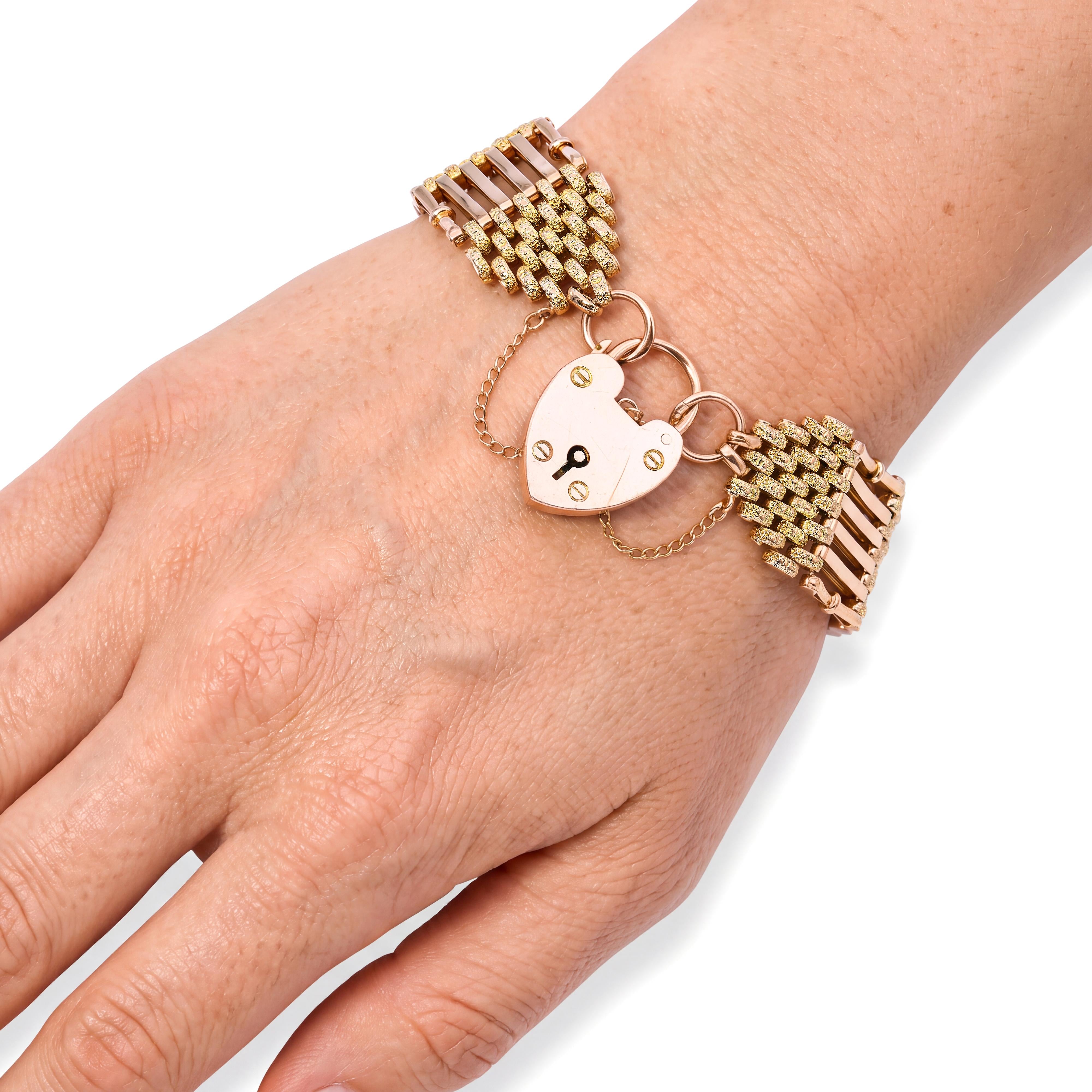 Antique 9K Rose Gold Gate Link Bracelet with Heart Padlock