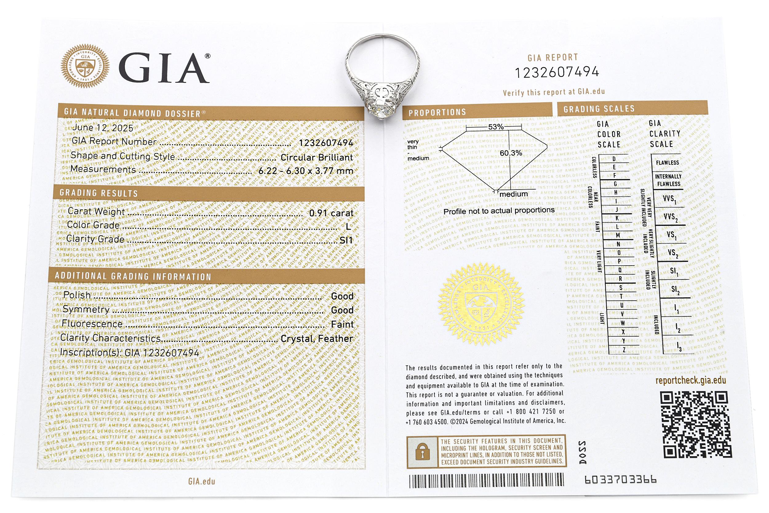 Antique Platinum 0.91ct L SI1 Diamond Engagement Ring GIA