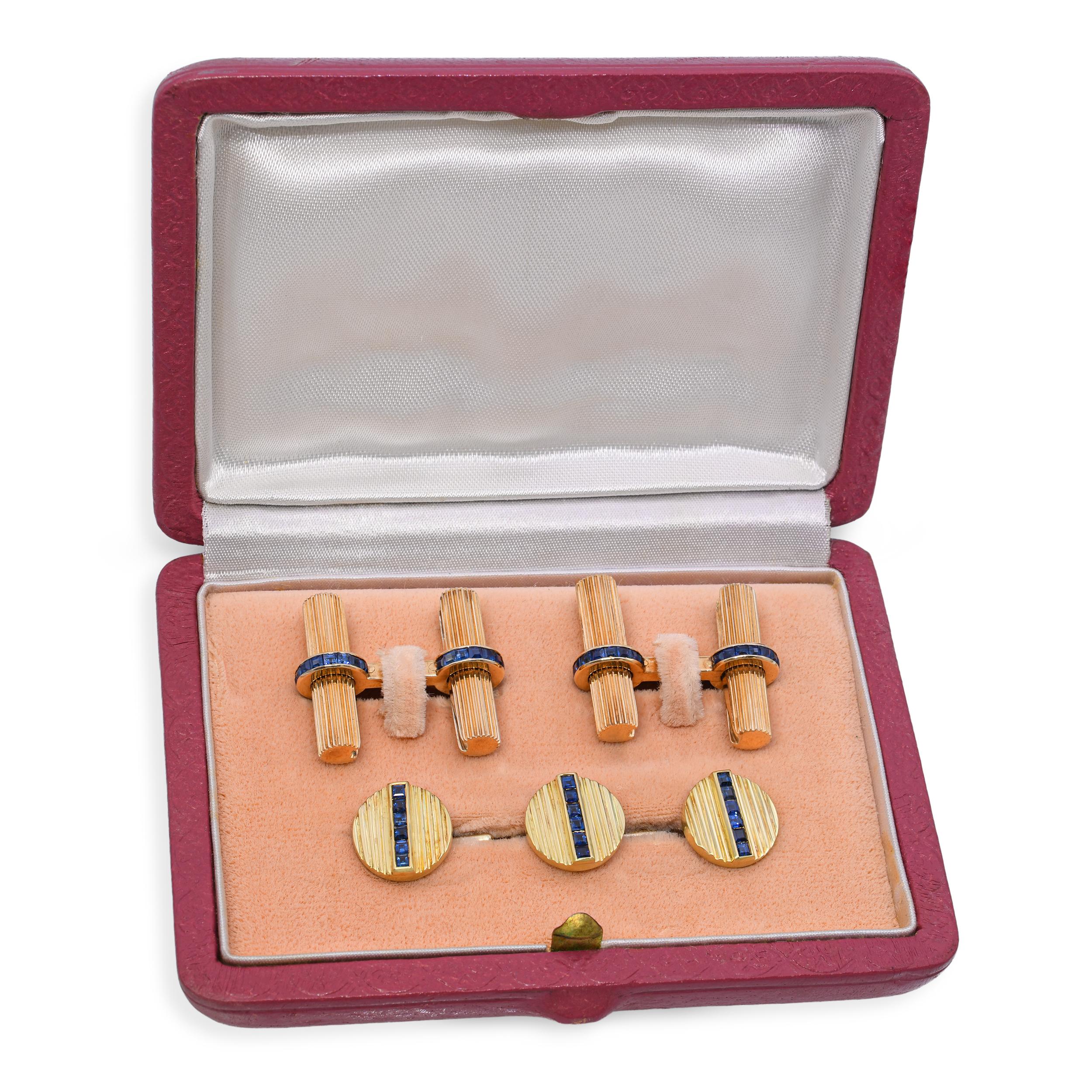 Vintage Italian 14k Yellow Gold Sapphire Cufflinks Set