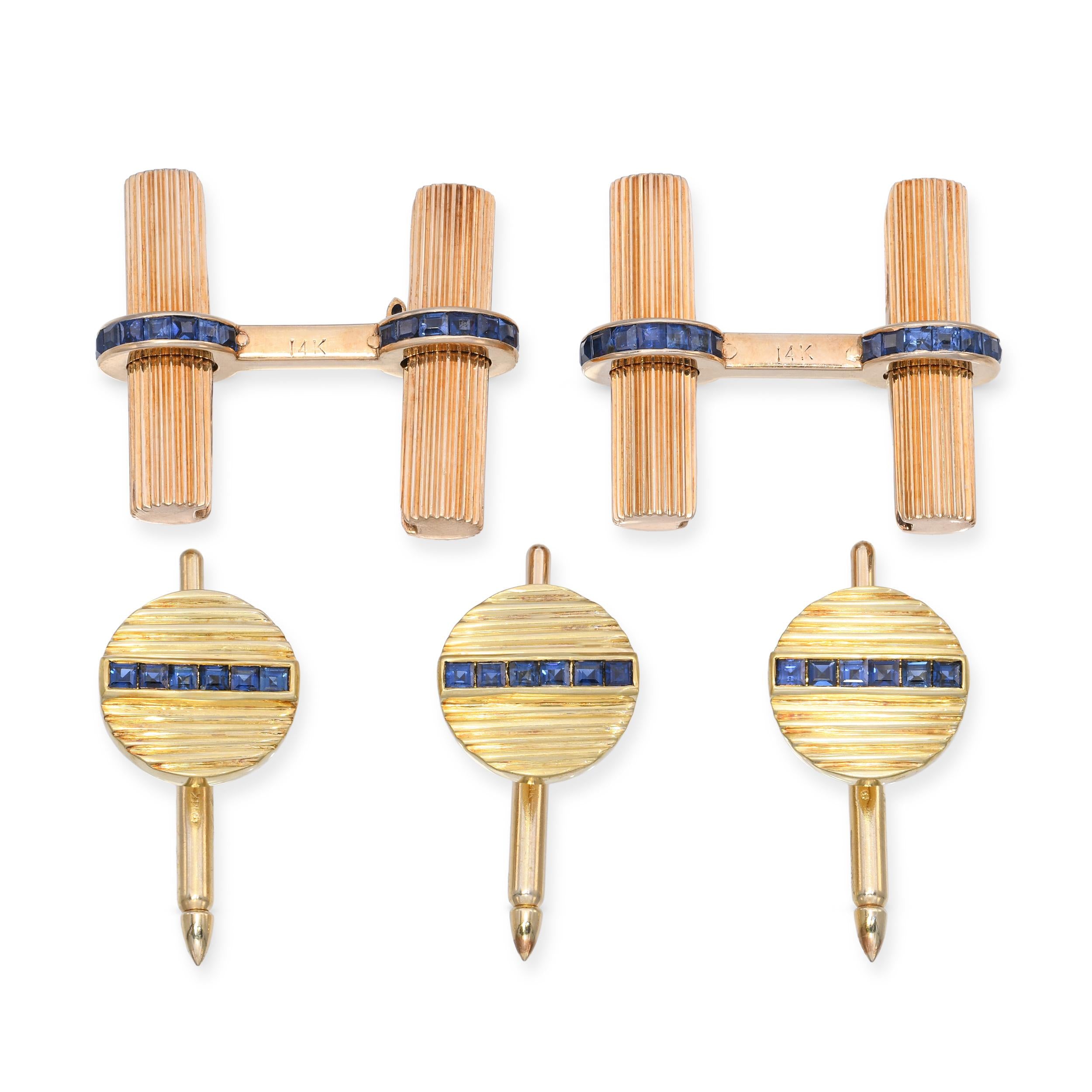 Vintage Italian 14k Yellow Gold Sapphire Cufflinks Set