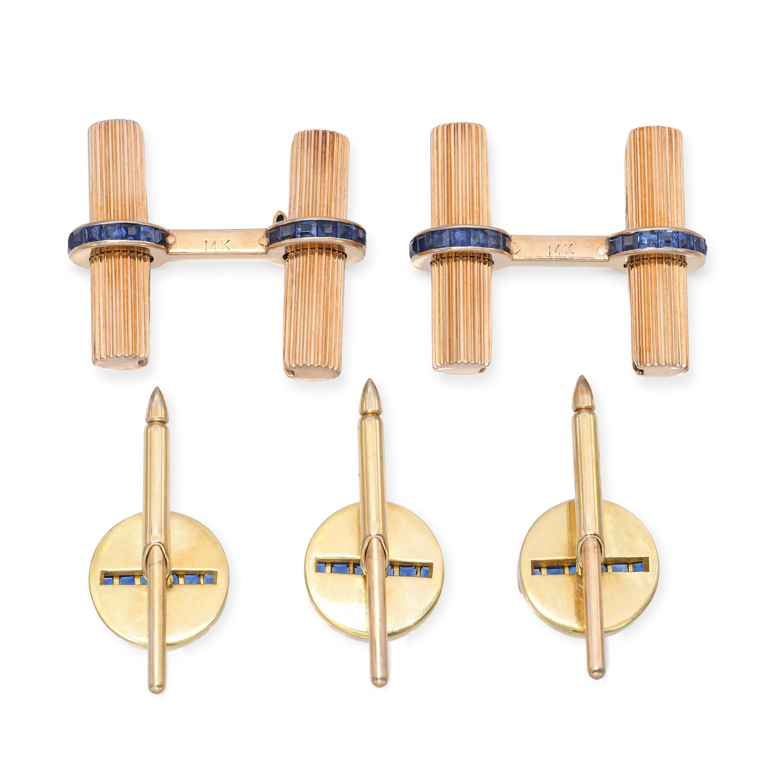 Vintage Italian 14k Yellow Gold Sapphire Cufflinks Set