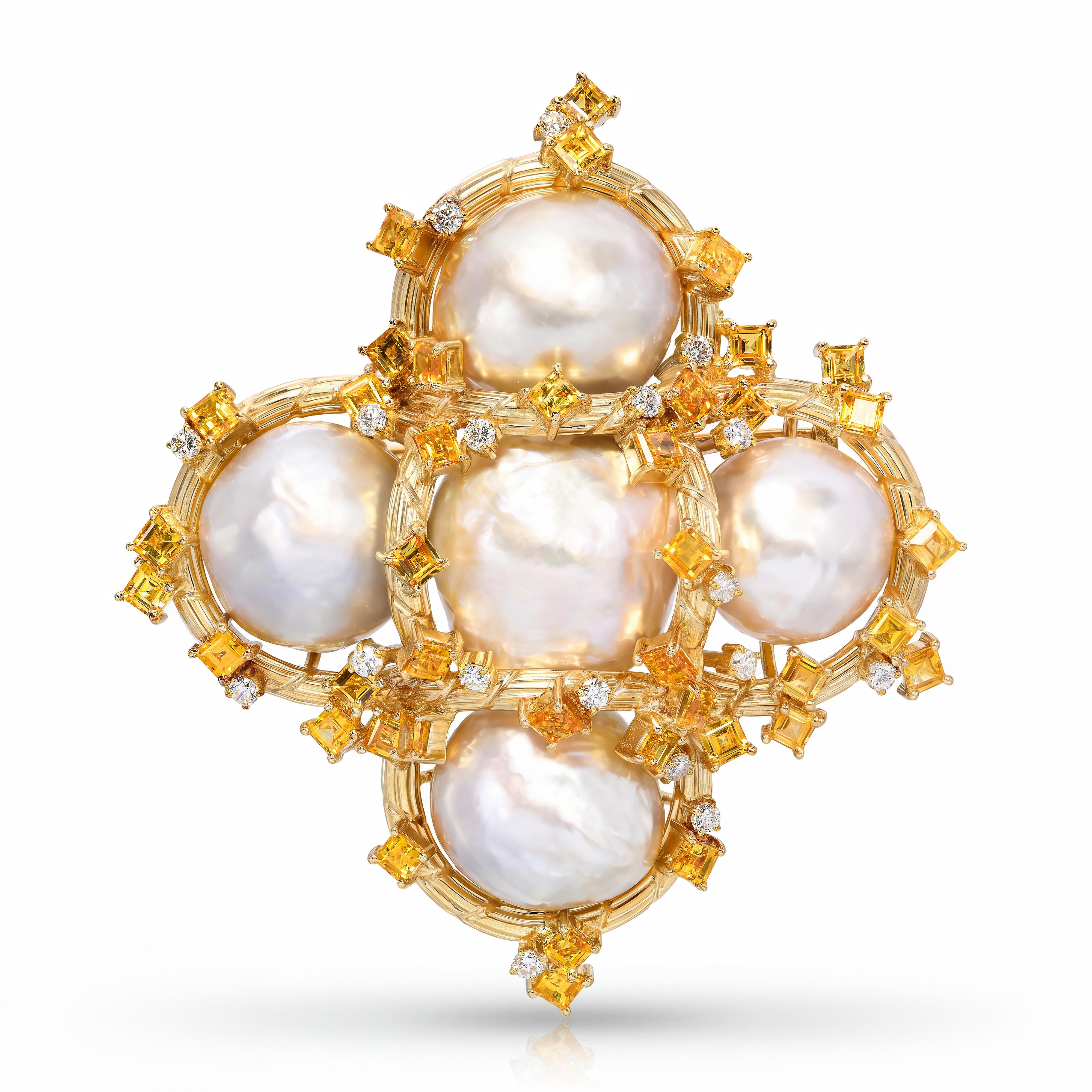 Vintage 18k Yellow Gold Pearl, Yellow Sapphire, & Diamond Statement Brooch
