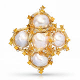 Vintage 18k Yellow Gold Pearl, Yellow Sapphire, & Diamond Statement Brooch