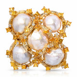 Vintage 18k Yellow Gold Pearl, Yellow Sapphire, & Diamond Statement Brooch