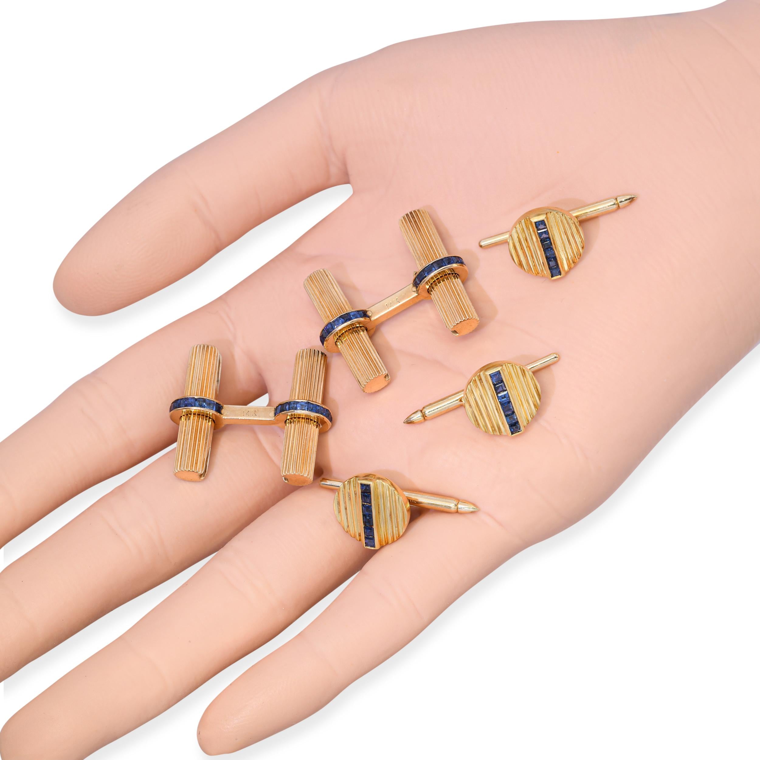 Vintage Italian 14k Yellow Gold Sapphire Cufflinks Set