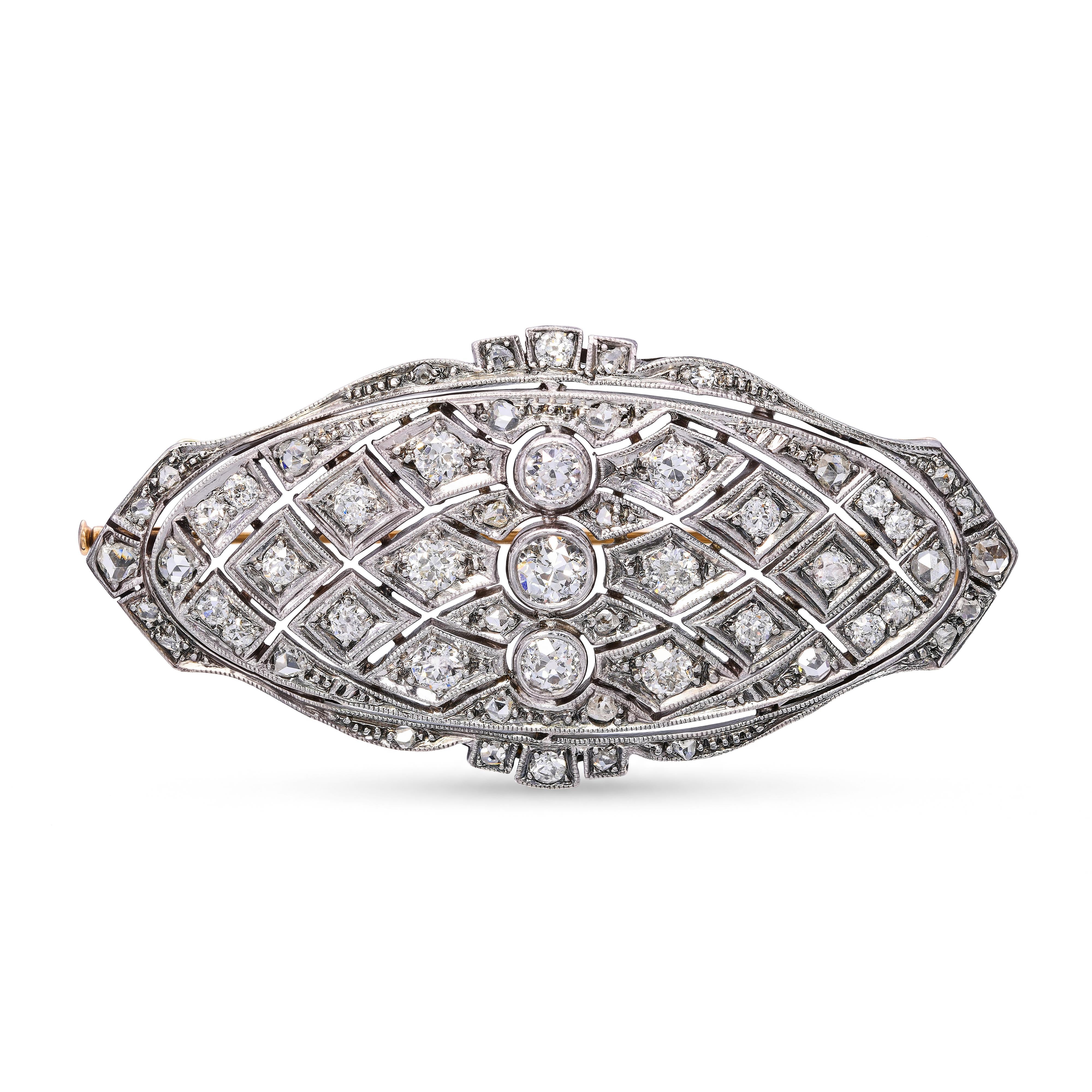 Antique Edwardian Silver-Topped Yellow Gold Old Cut Diamond Brooch