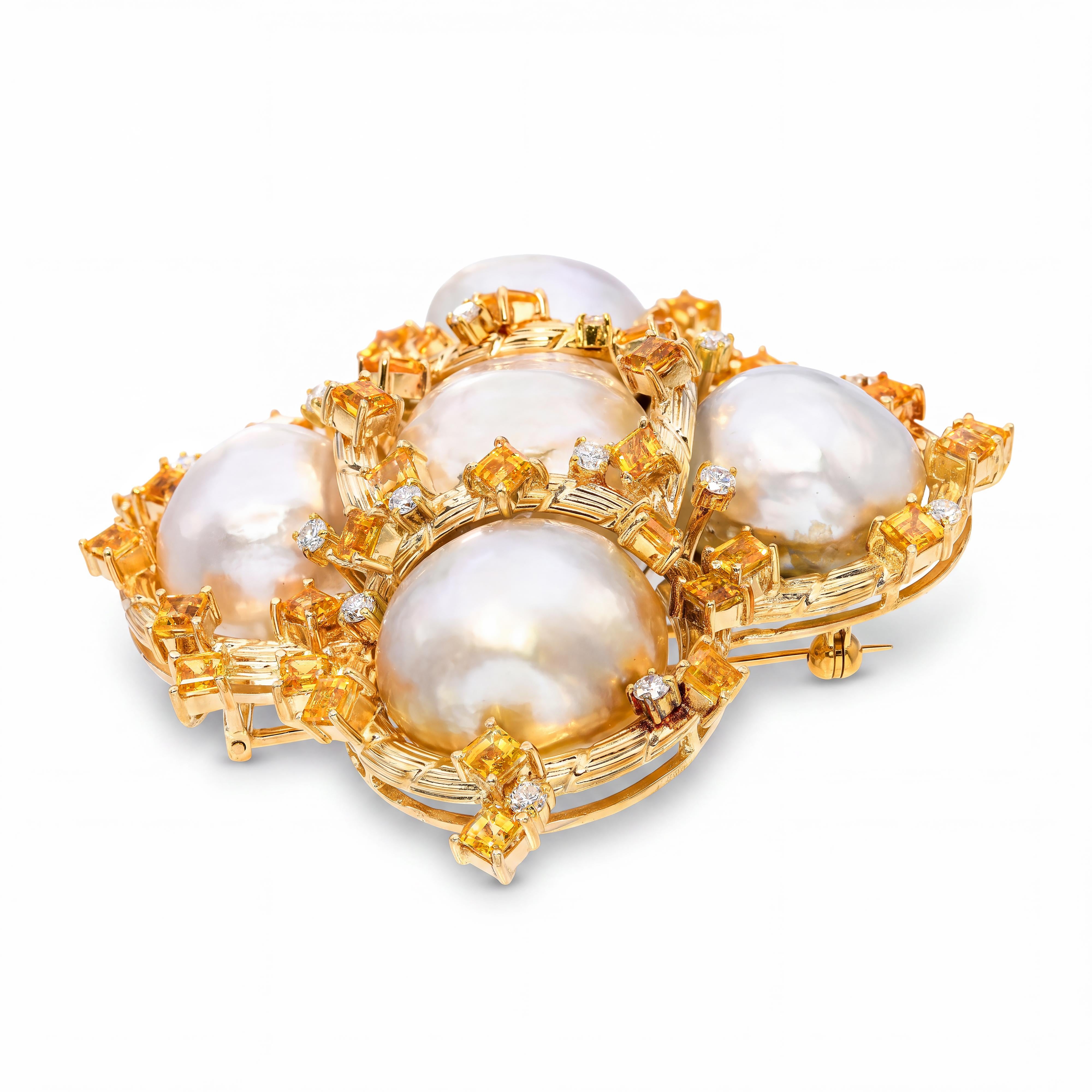 Vintage 18k Yellow Gold Pearl, Yellow Sapphire, & Diamond Statement Brooch