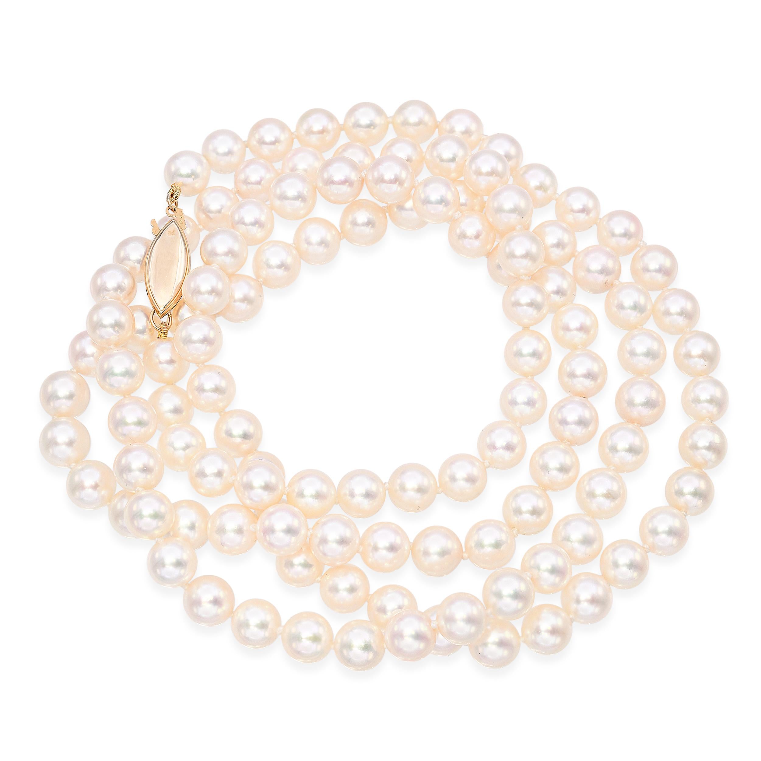 Vintage 14k Yellow Gold Opera Length Akoya Pearl Strand Necklace