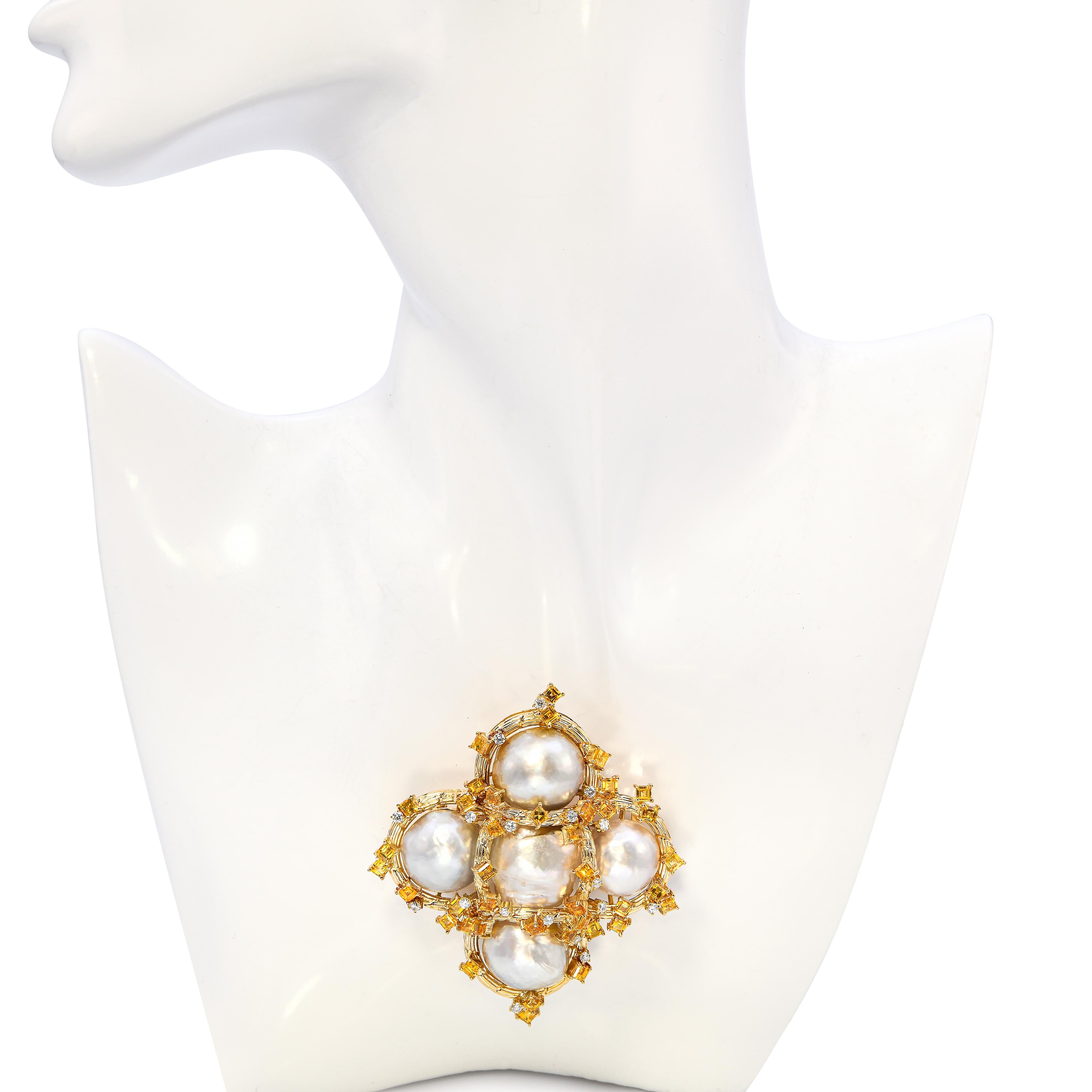 Vintage 18k Yellow Gold Pearl, Yellow Sapphire, & Diamond Statement Brooch