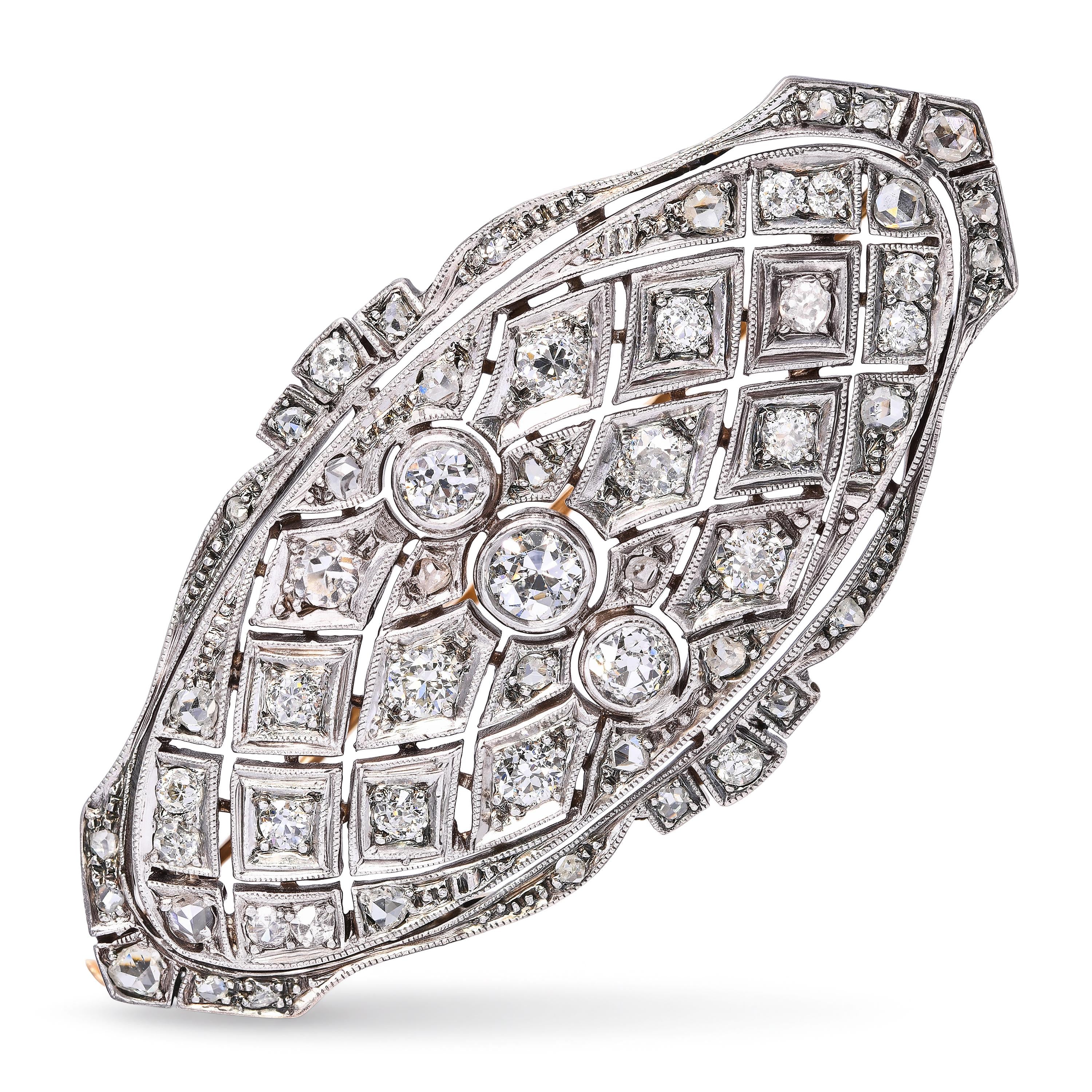 Antique Edwardian Silver-Topped Yellow Gold Old Cut Diamond Brooch