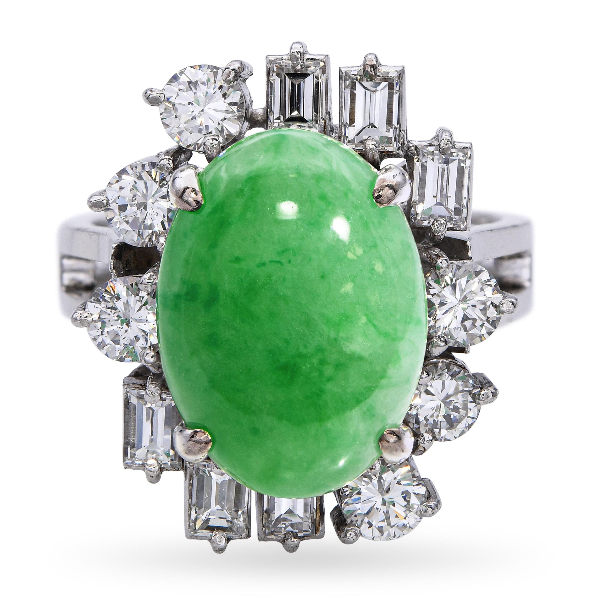 Vintage Precious Metal Alloy 5.35ct Jade and 1.82tcw Diamond Ring
