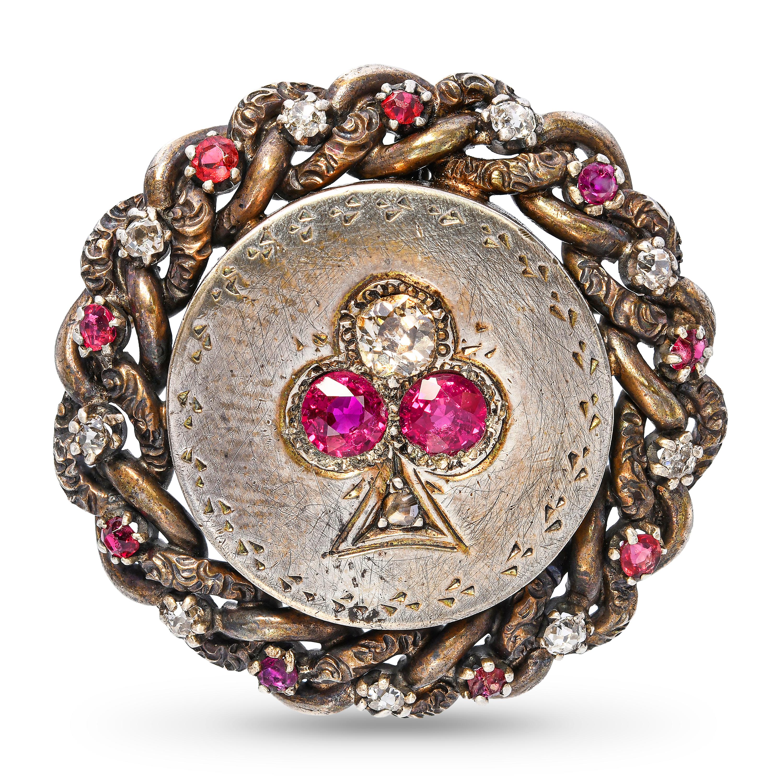 Antique Victorian Vermeil Ace Of Spades Ruby and Diamond Brooch