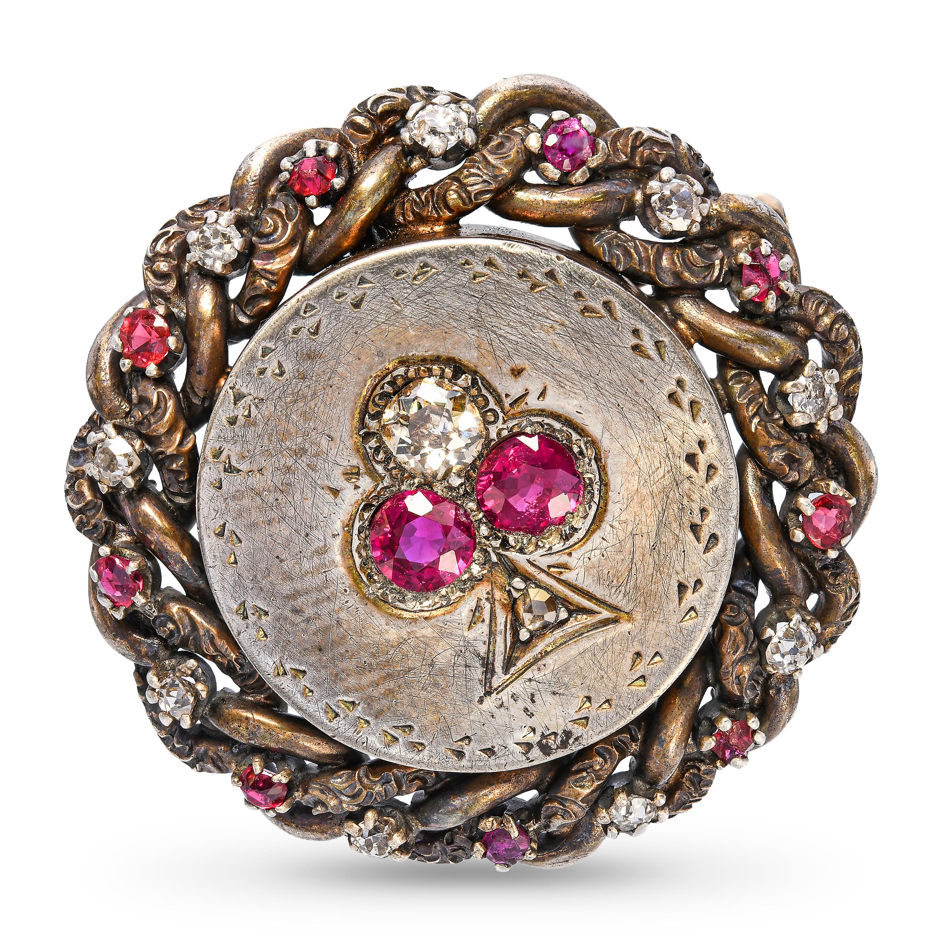 Antique Victorian Vermeil Ace Of Spades Ruby and Diamond Brooch