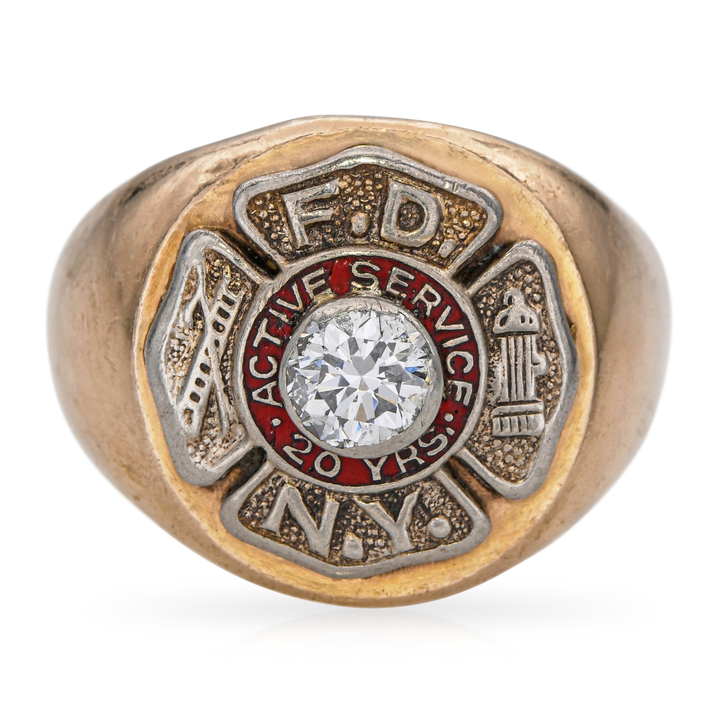 Vintage 14k Yellow Gold F.D.N.Y 20 Years Active Service Diamond Men's Ring