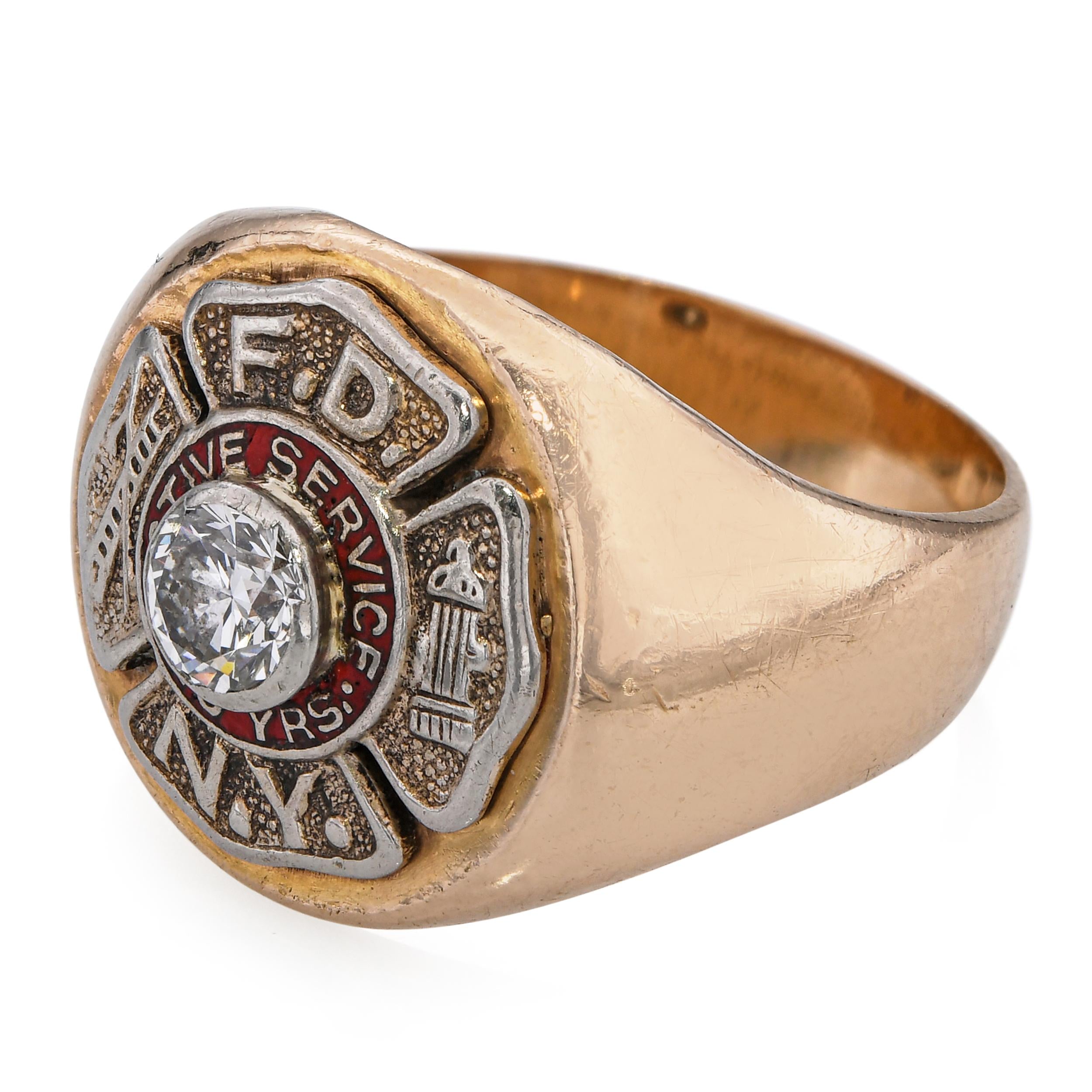 Vintage 14k Yellow Gold F.D.N.Y 20 Years Active Service Diamond Men's Ring