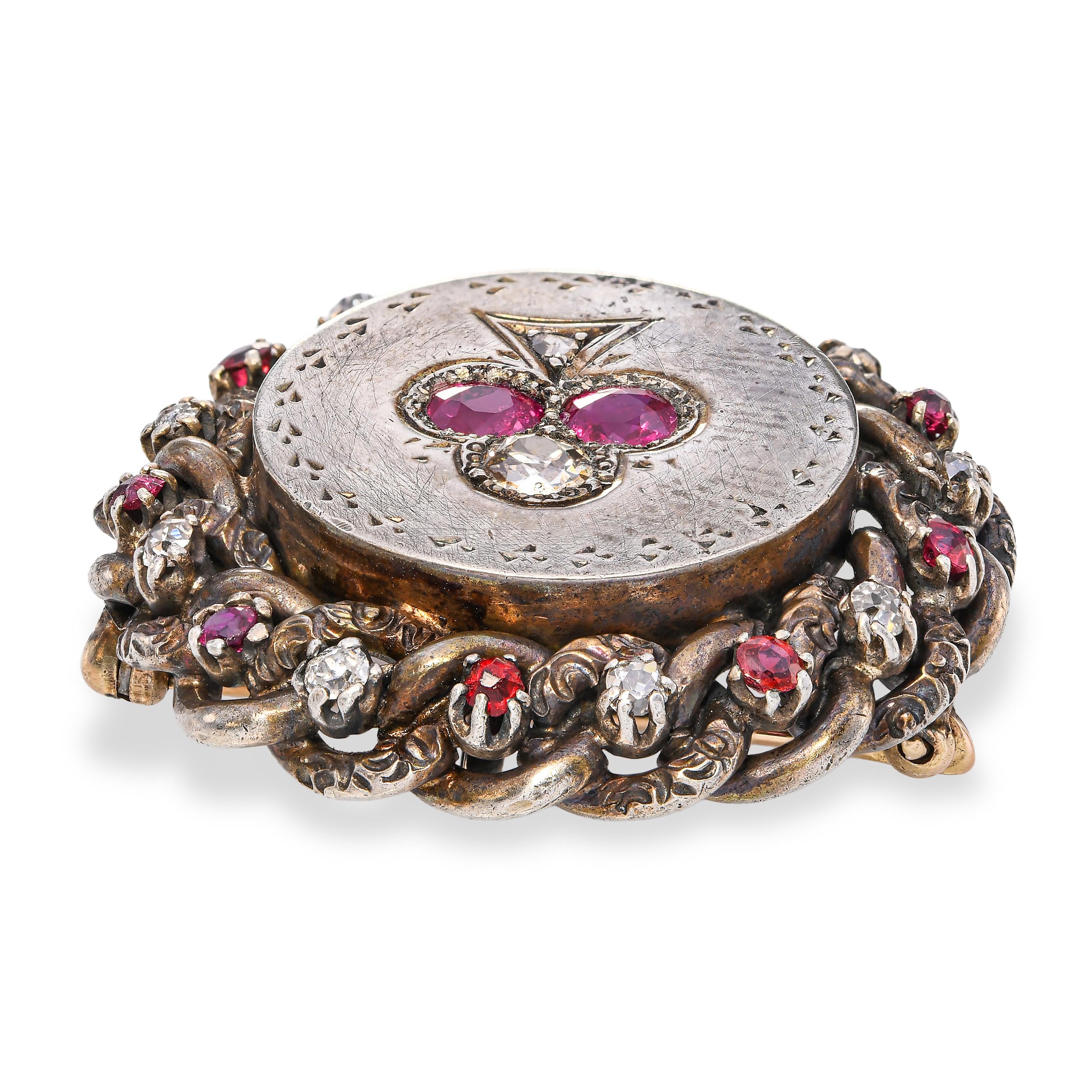 Antique Victorian Vermeil Ace Of Spades Ruby and Diamond Brooch