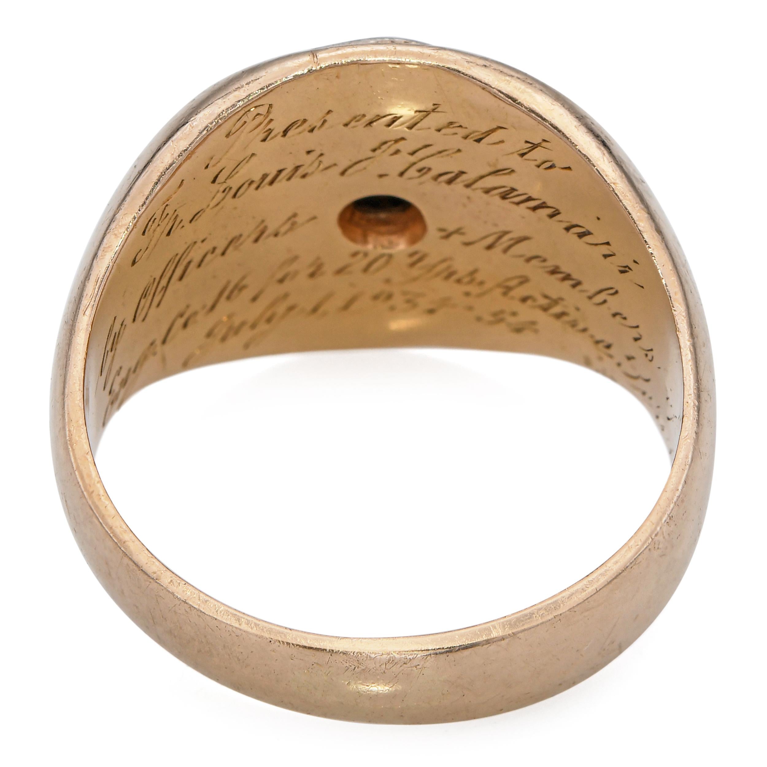 Vintage 14k Yellow Gold F.D.N.Y 20 Years Active Service Diamond Men's Ring