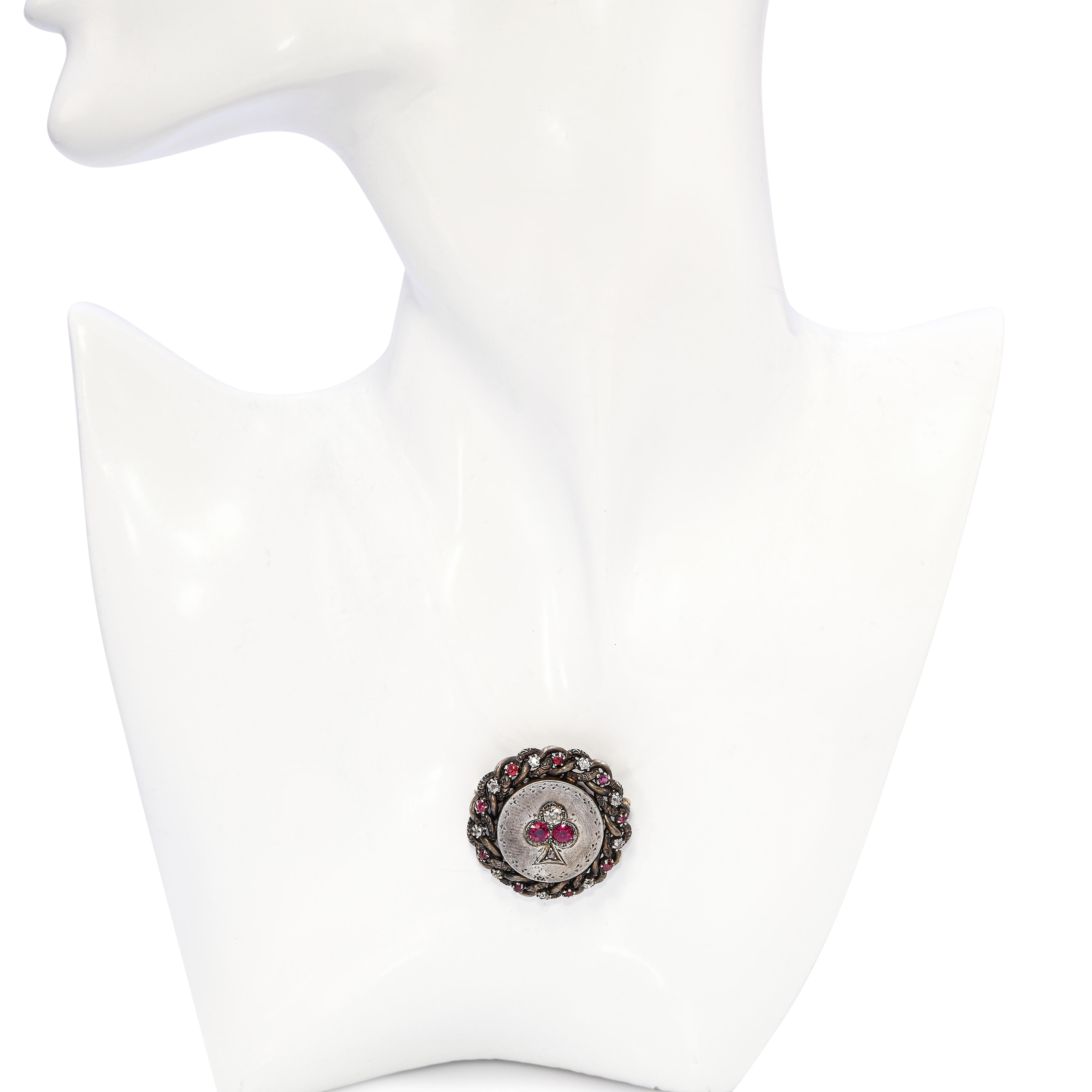 Antique Victorian Vermeil Ace Of Spades Ruby and Diamond Brooch