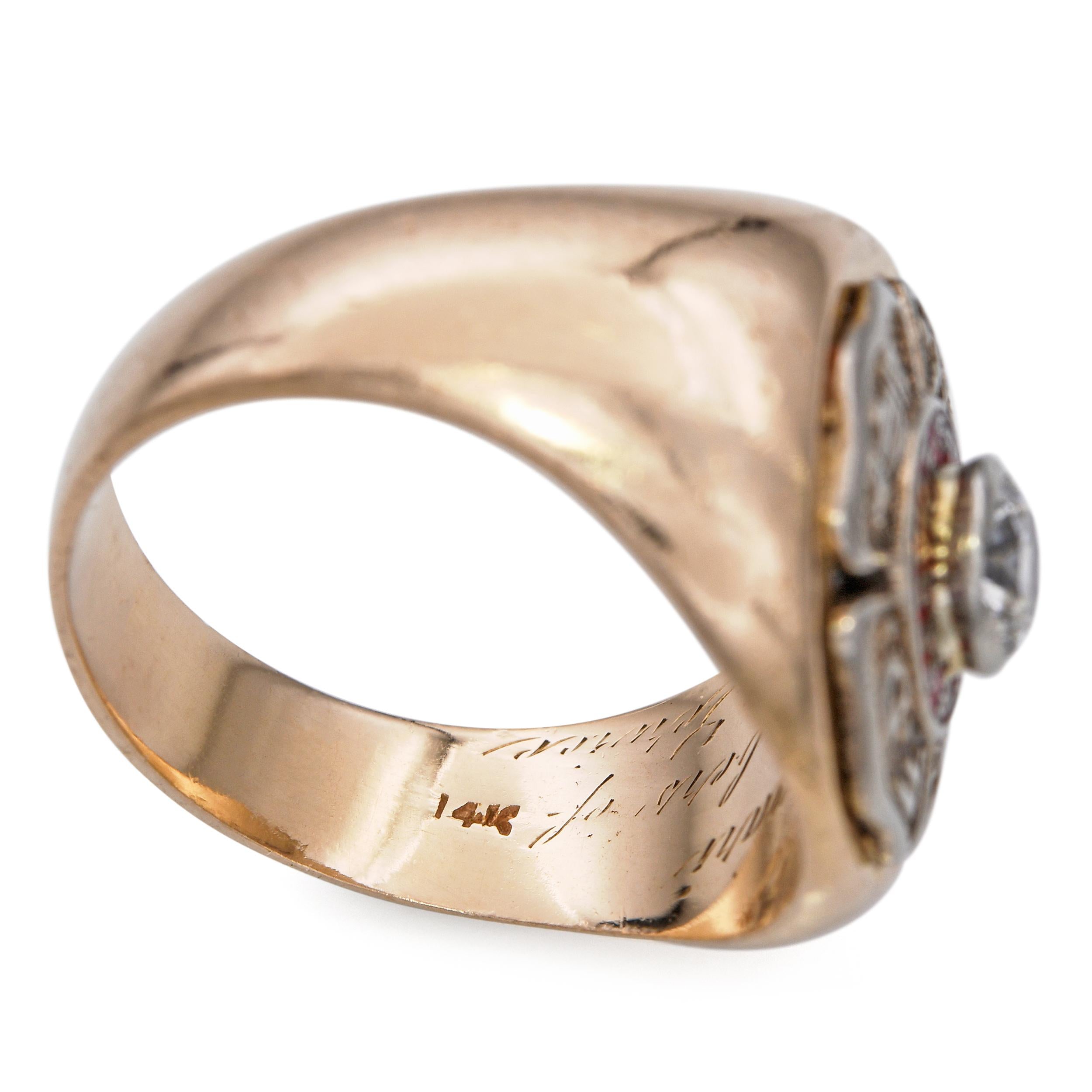 Vintage 14k Yellow Gold F.D.N.Y 20 Years Active Service Diamond Men's Ring