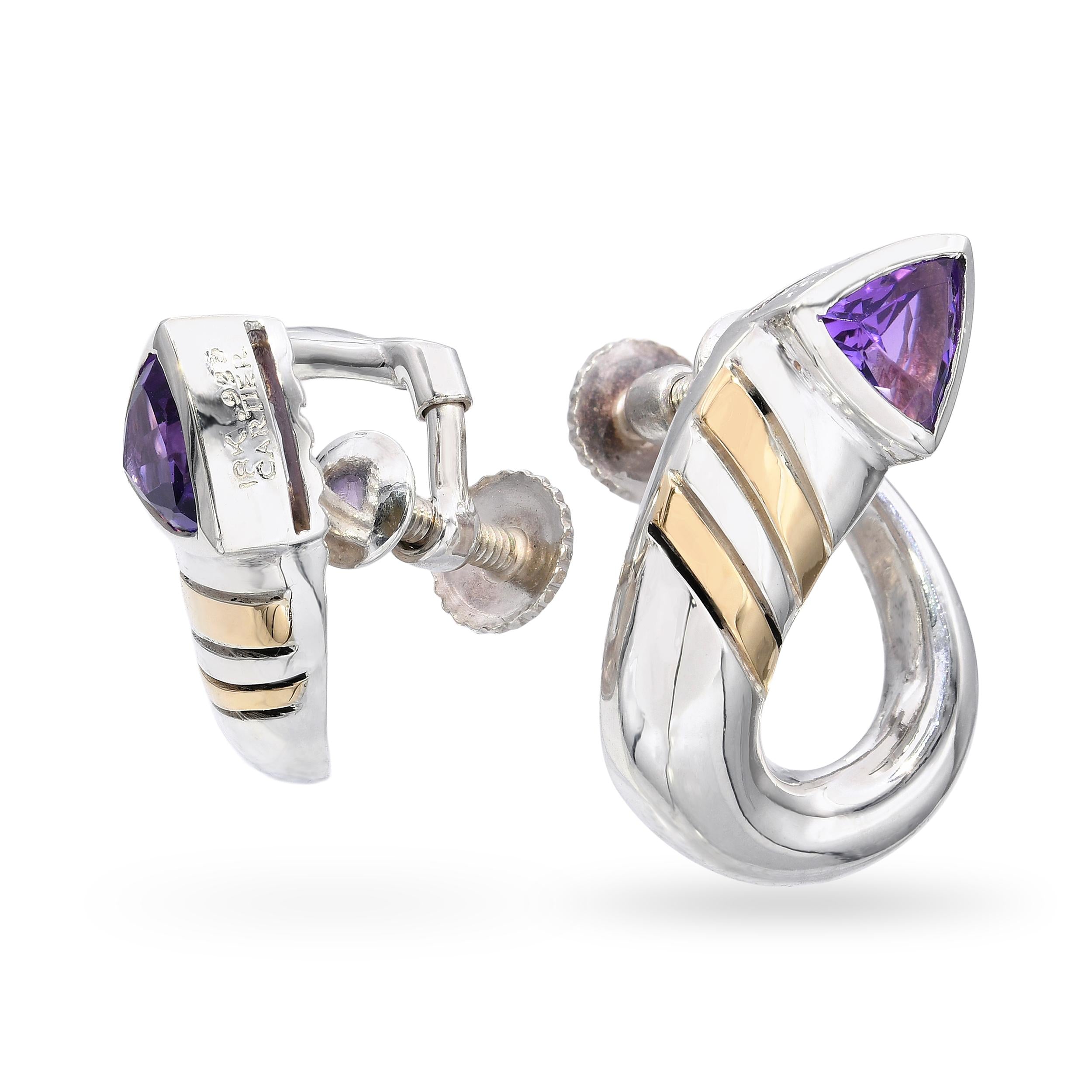 Cartier Vintage Sterling Silver and 18k Yellow Gold Amethyst Curved Earrings