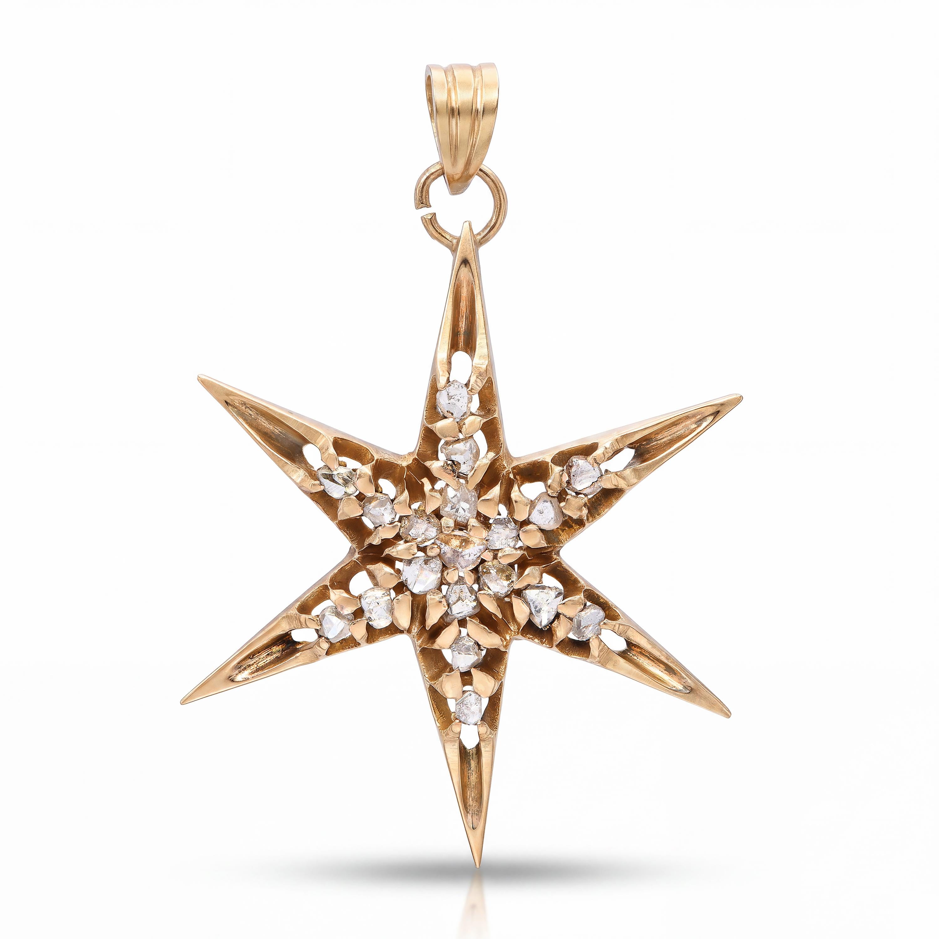 Victorian 9k Yellow Gold Polki Cut Diamond Star Pendant