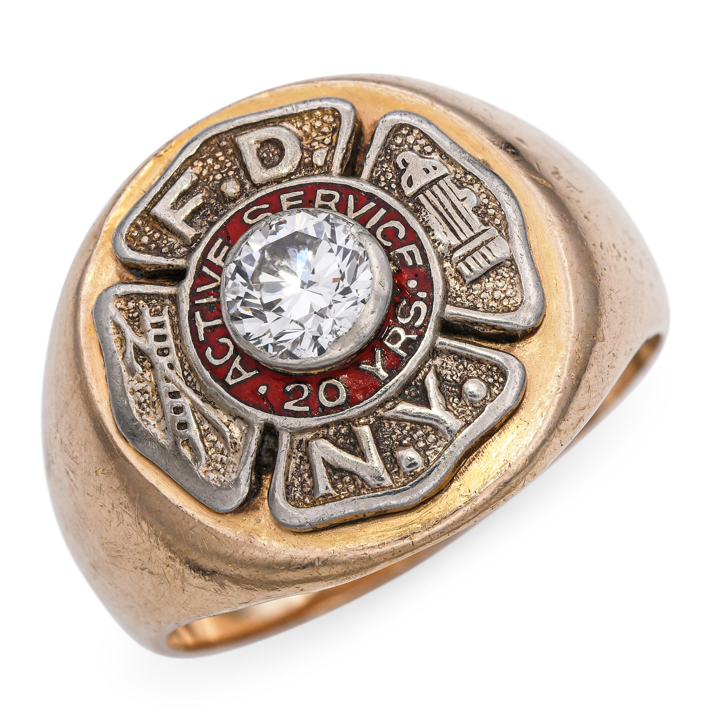 Vintage 14k Yellow Gold F.D.N.Y 20 Years Active Service Diamond Men's Ring
