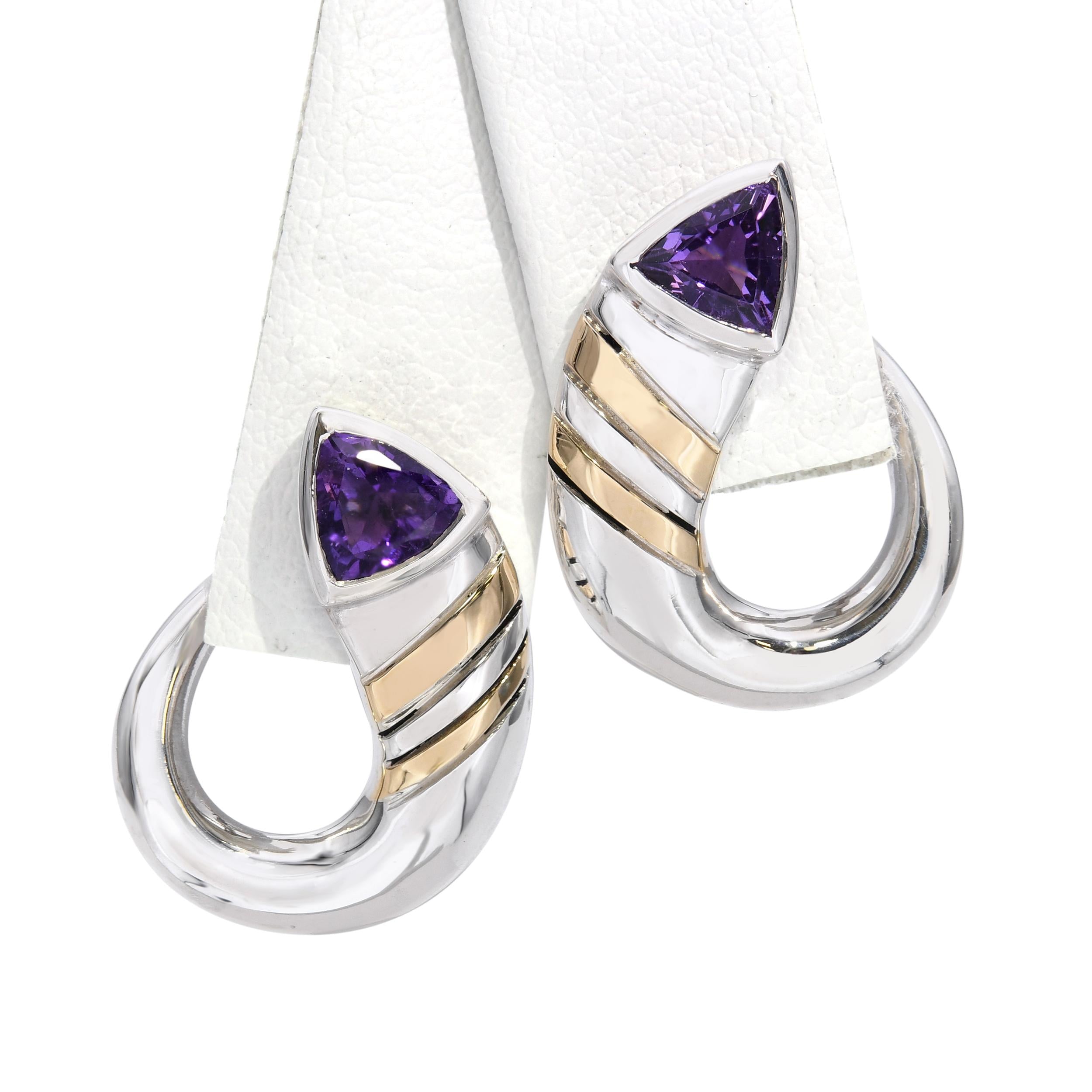 Cartier Vintage Sterling Silver and 18k Yellow Gold Amethyst Curved Earrings
