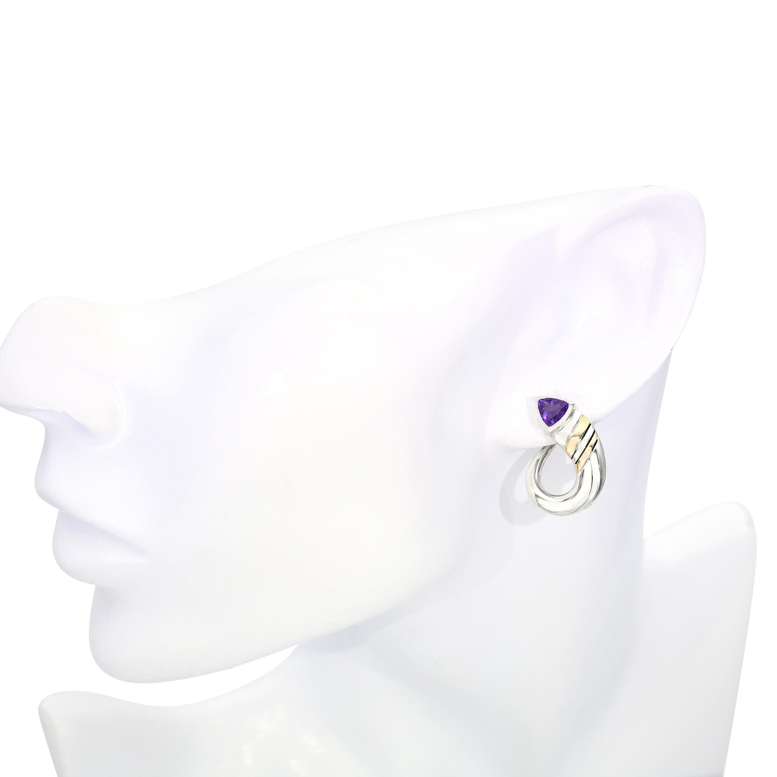 Cartier Vintage Sterling Silver and 18k Yellow Gold Amethyst Curved Earrings