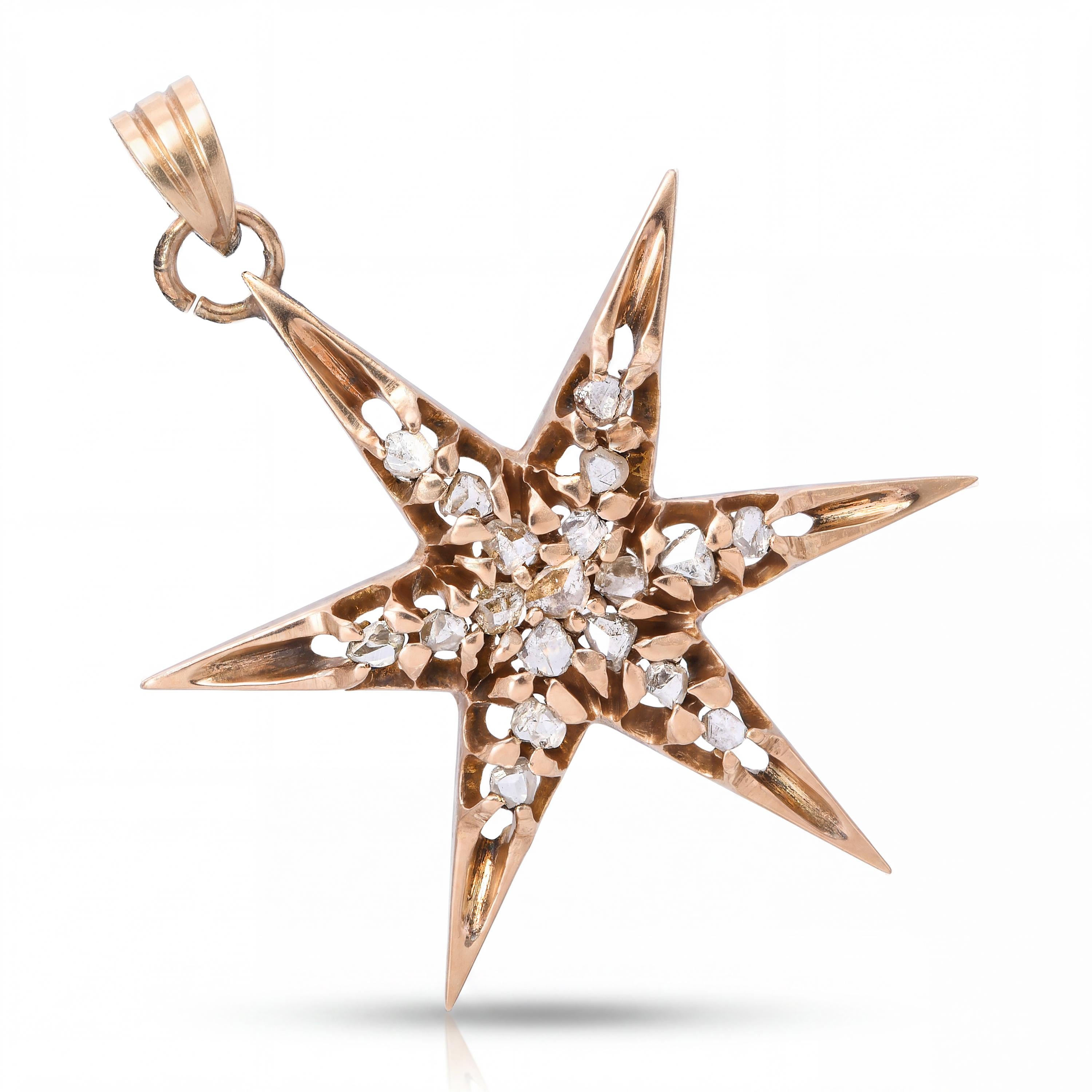Victorian 9k Yellow Gold Polki Cut Diamond Star Pendant