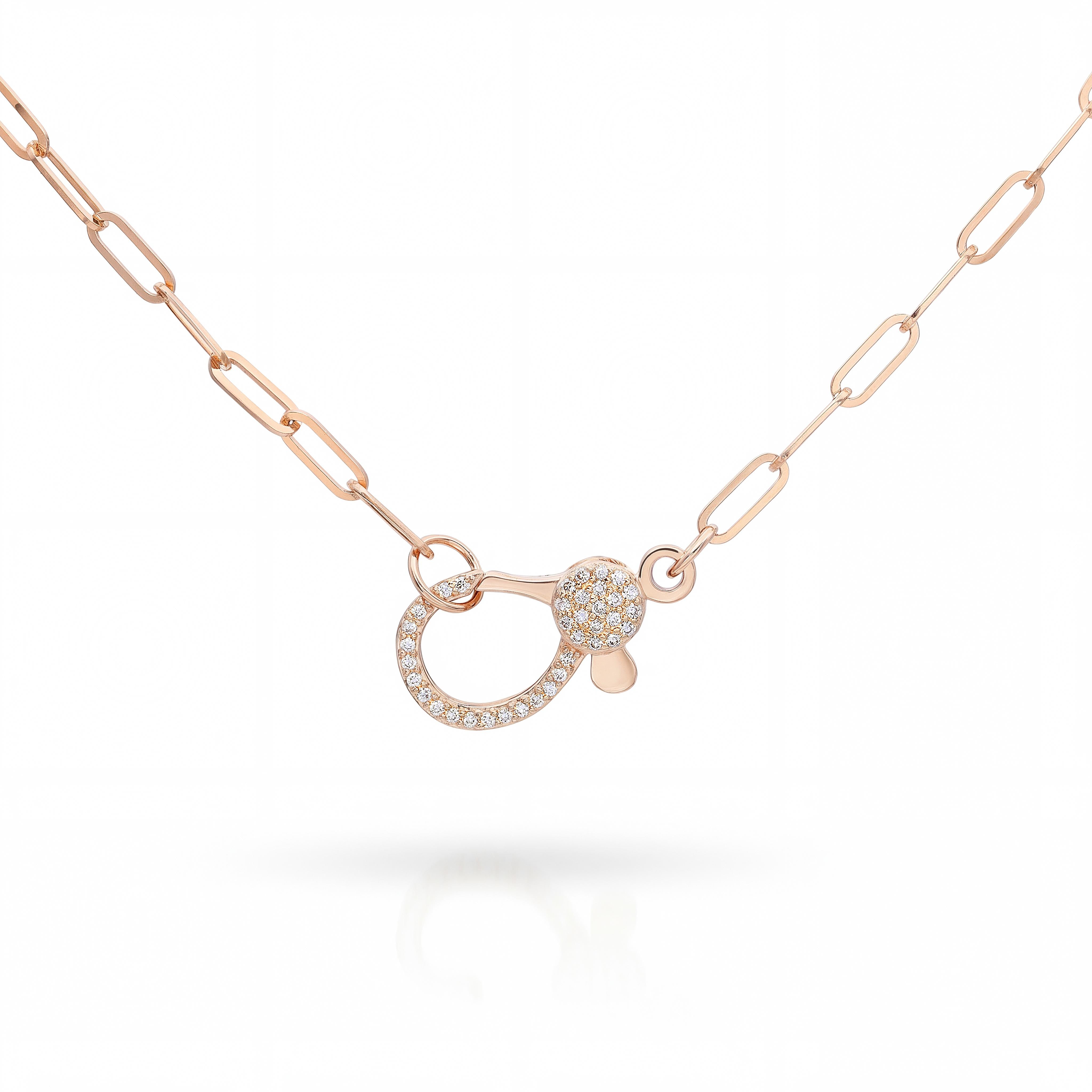 14k Rose Gold Diamond Pave Clasp Paperclip Link Necklace
