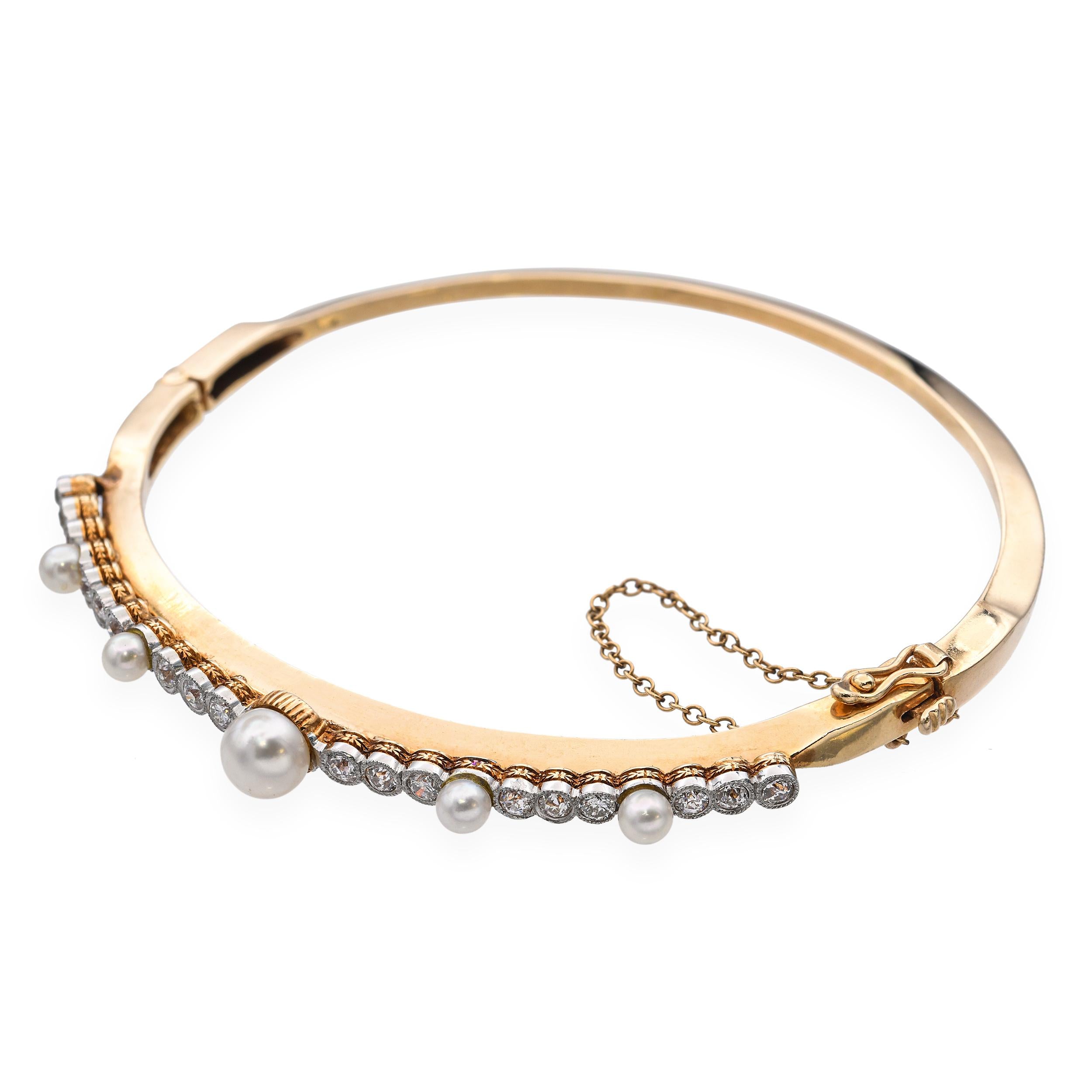 Antique 14k Yellow Gold 0.54tcw Diamond and Pearl Hinge Bracelet