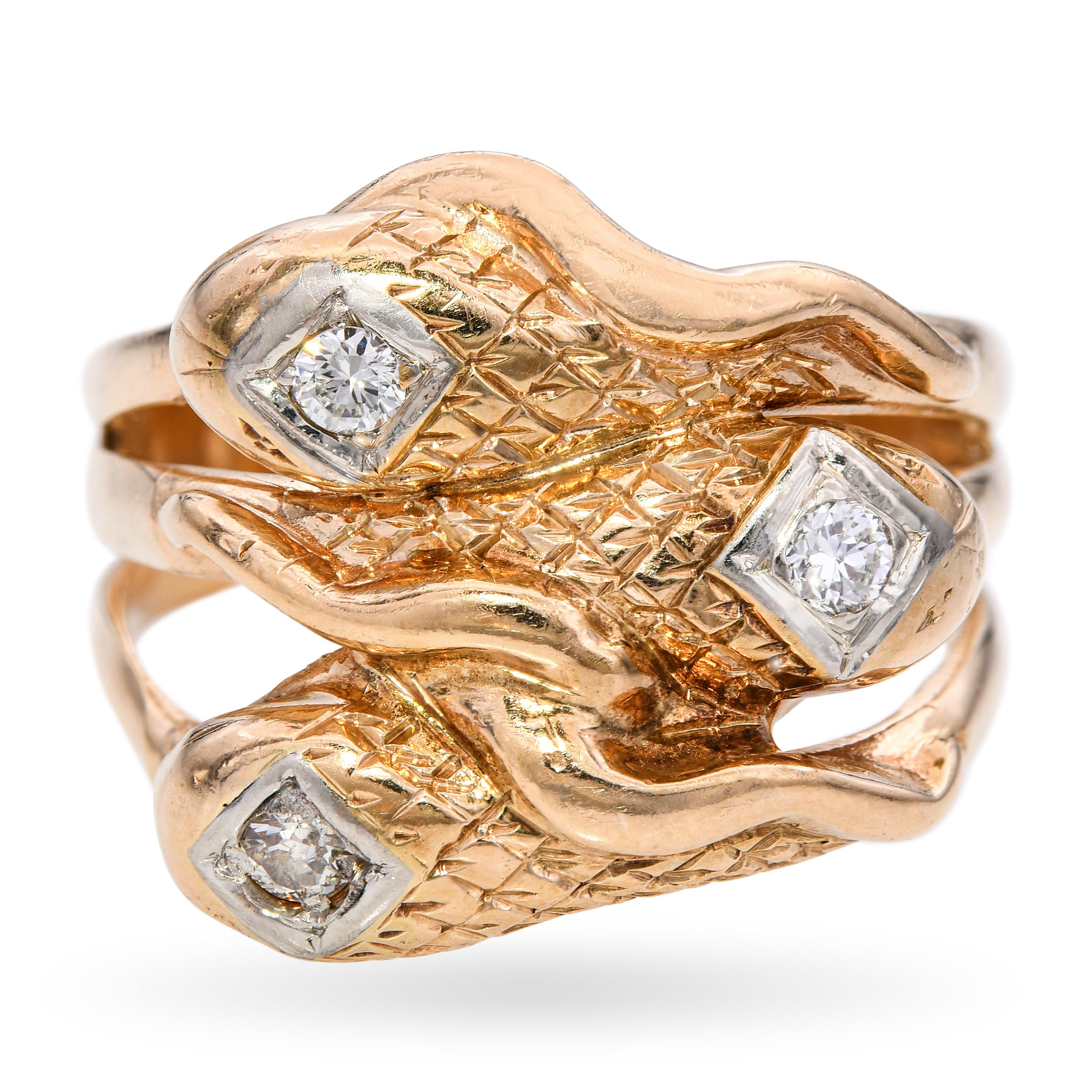 Vintage 14k Yellow Gold Diamond Triple Snake Ring