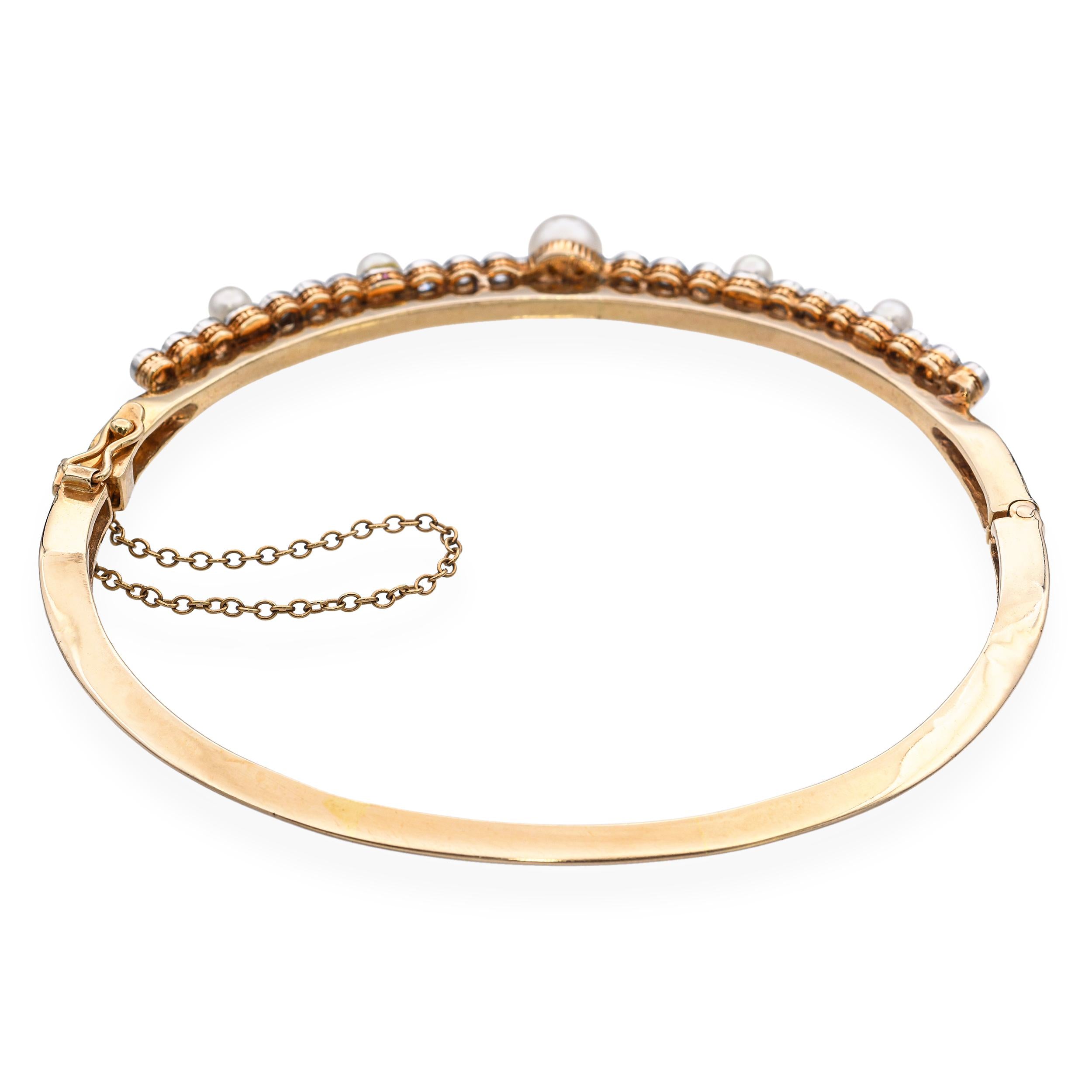 Antique 14k Yellow Gold 0.54tcw Diamond and Pearl Hinge Bracelet