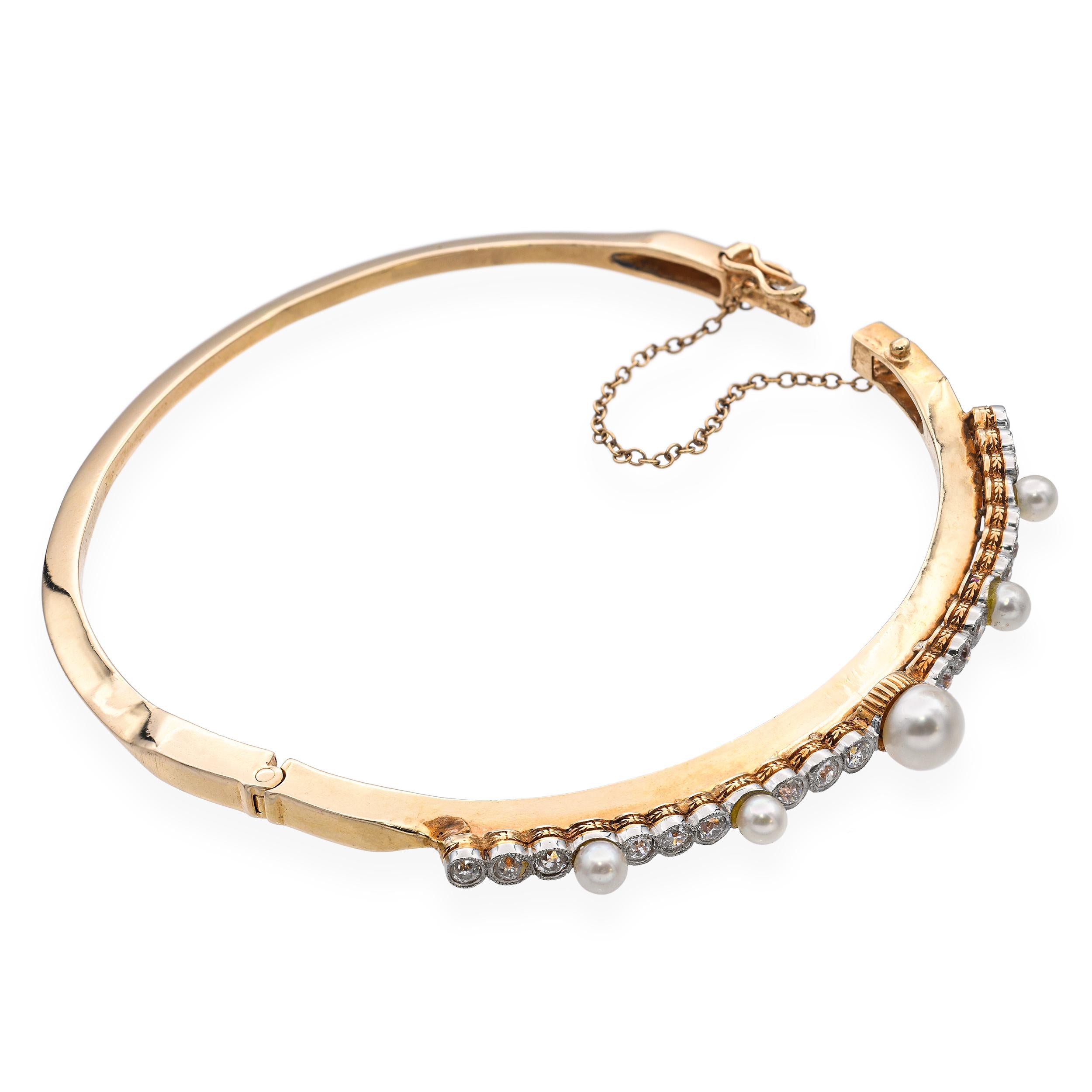 Antique 14k Yellow Gold 0.54tcw Diamond and Pearl Hinge Bracelet