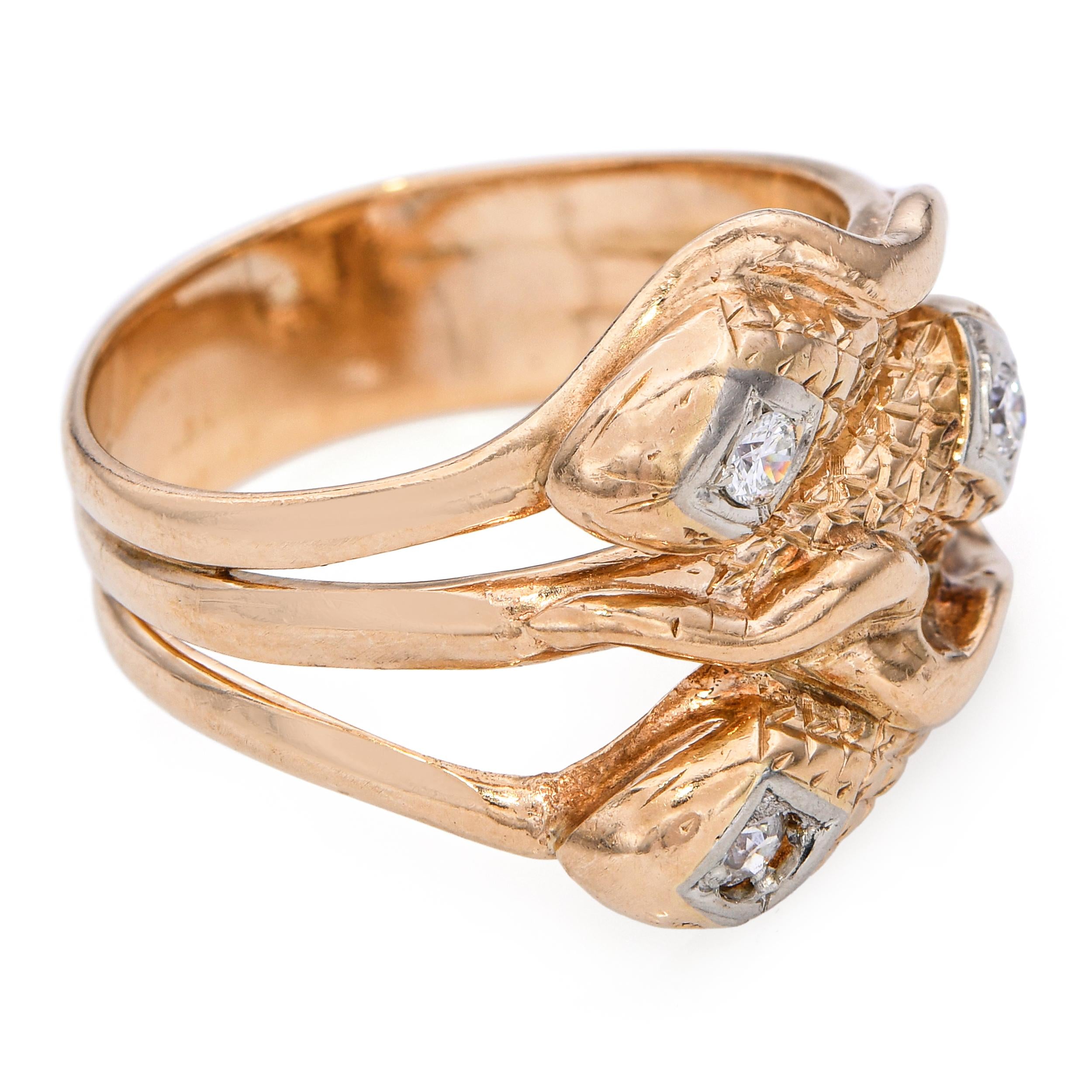 Vintage 14k Yellow Gold Diamond Triple Snake Ring