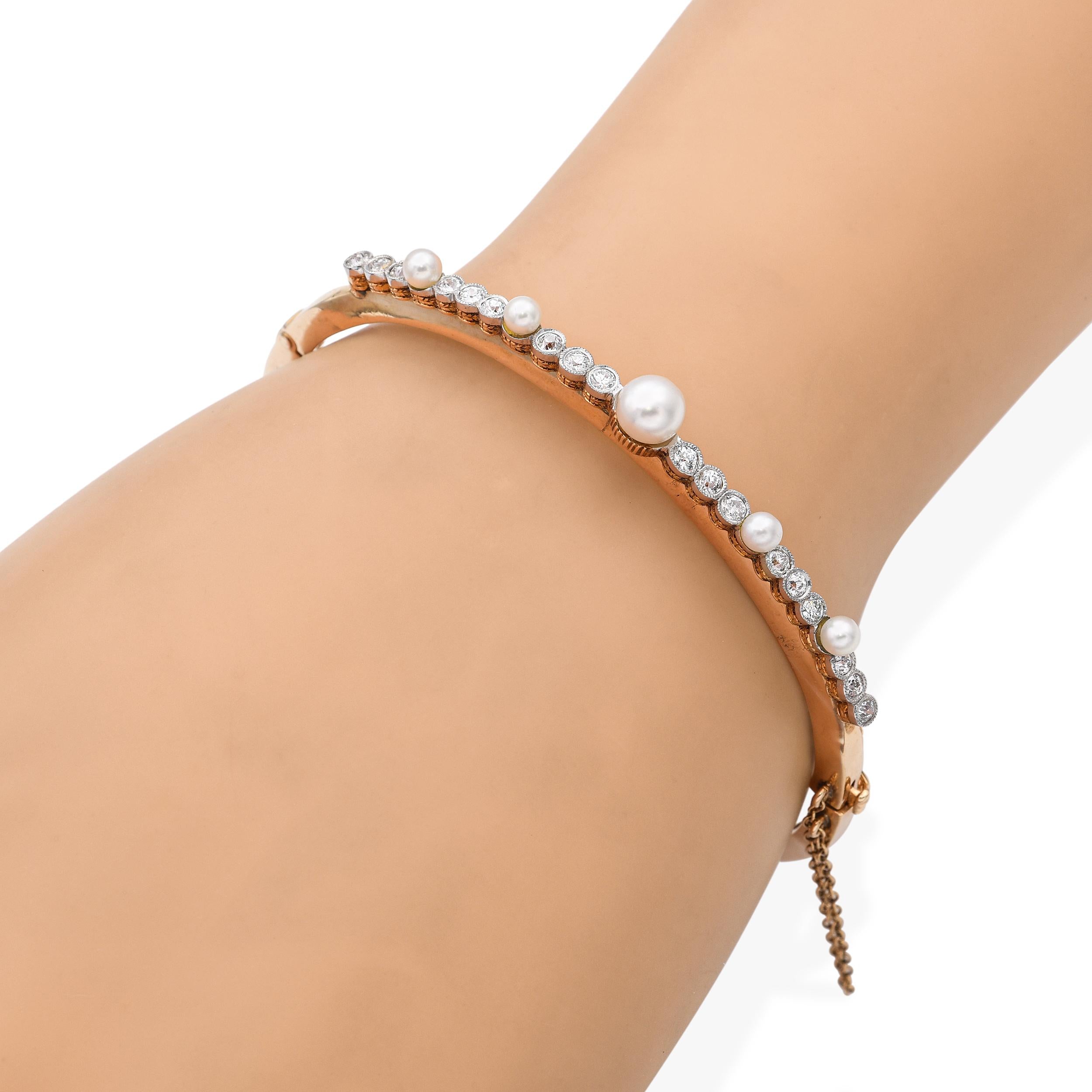 Antique 14k Yellow Gold 0.54tcw Diamond and Pearl Hinge Bracelet
