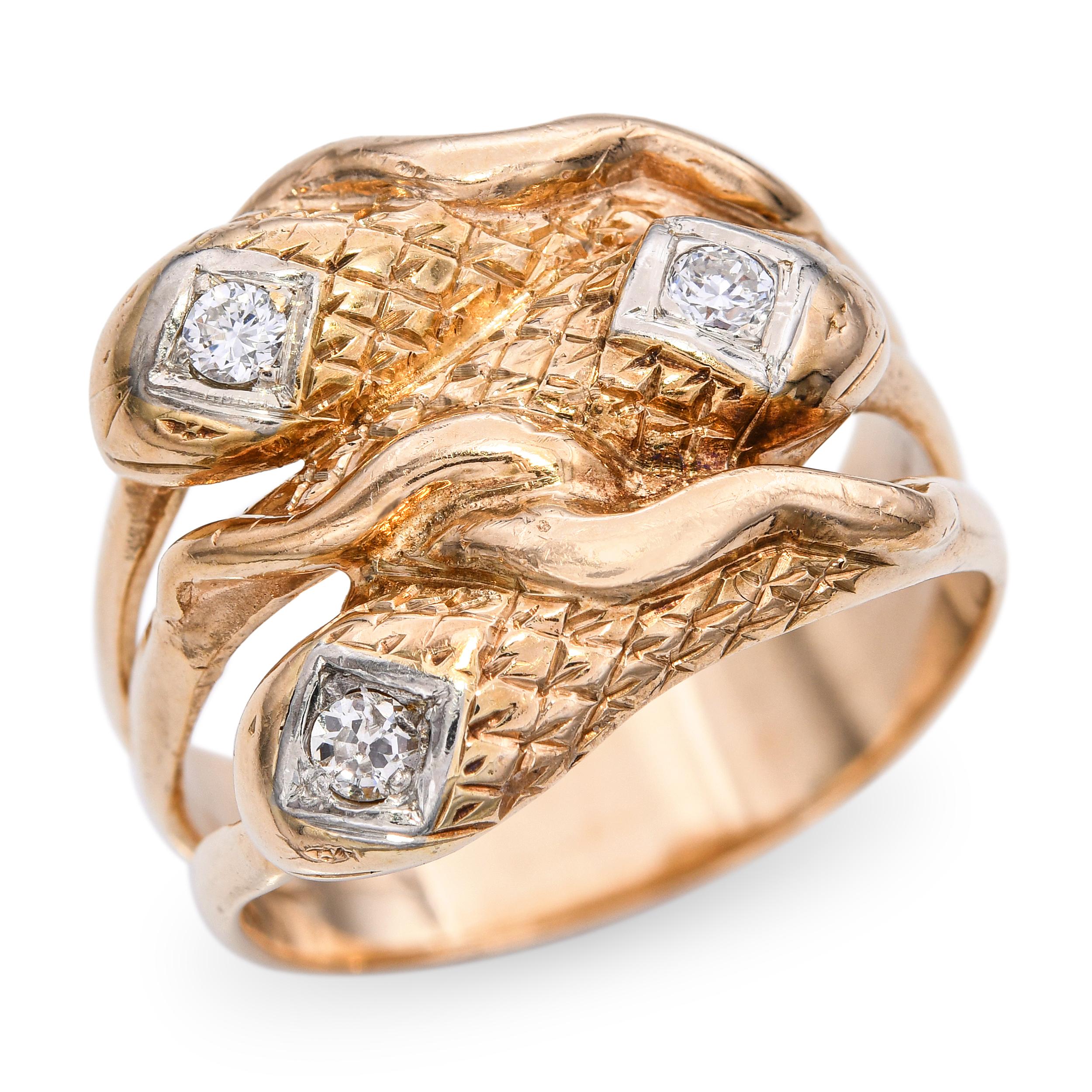 Vintage 14k Yellow Gold Diamond Triple Snake Ring