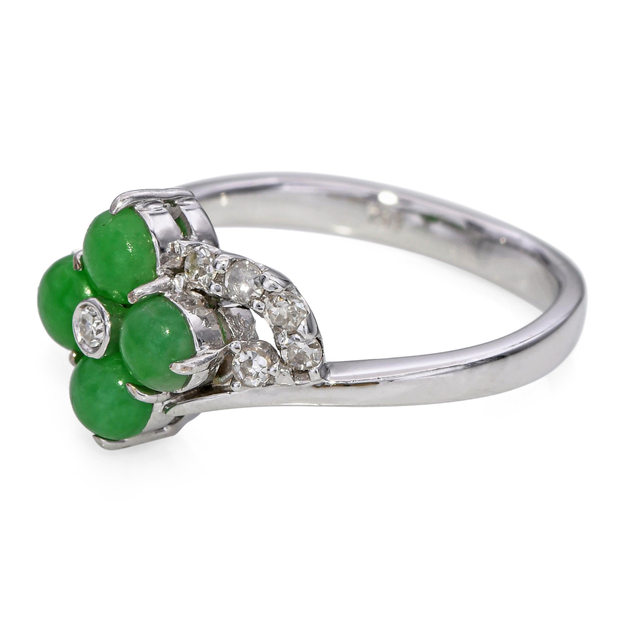 18k White Gold Diamond & Green Jade Flower Ring