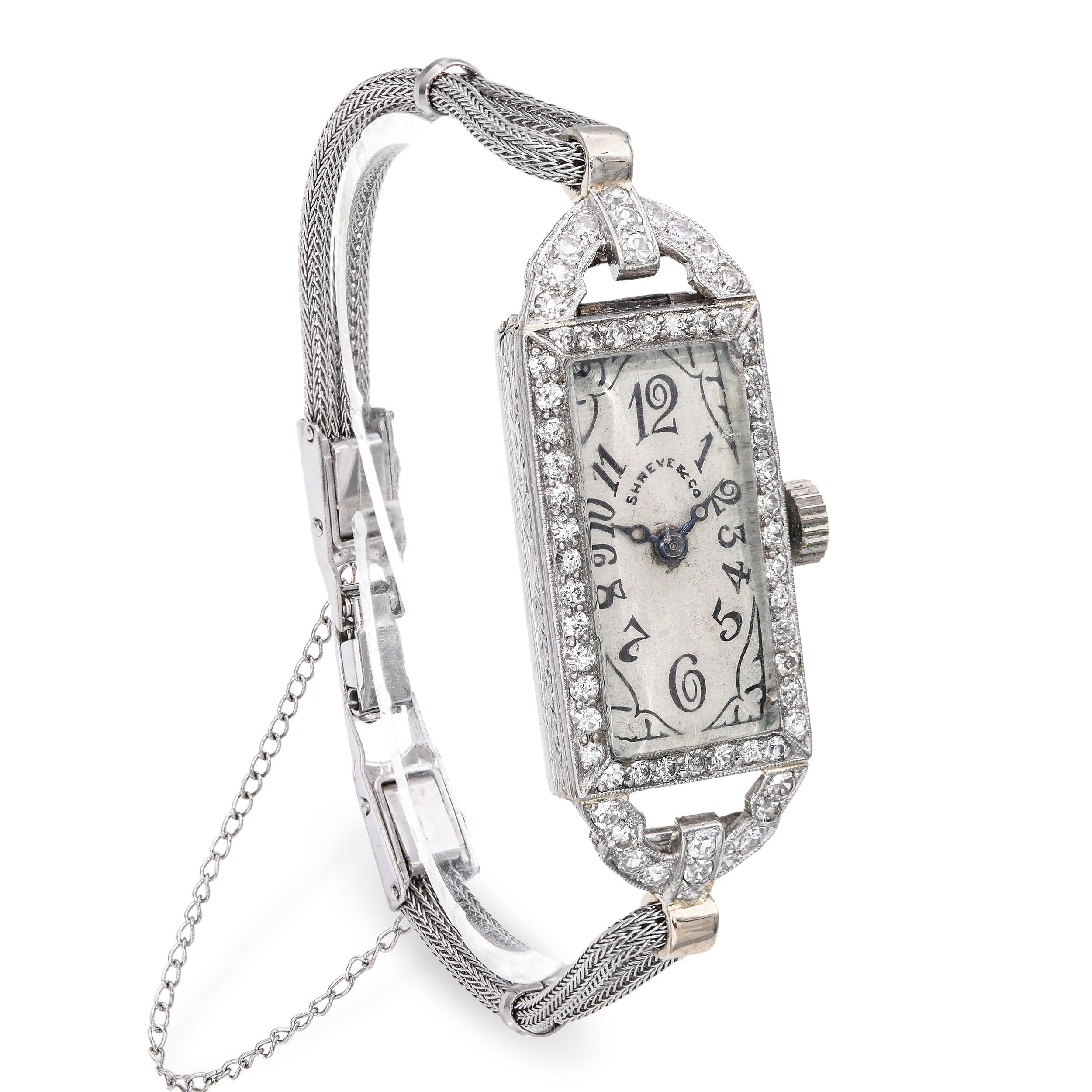 Art Deco Platinum Shreve & Co 1.00tcw Diamond Hand Wind Ladies Watch